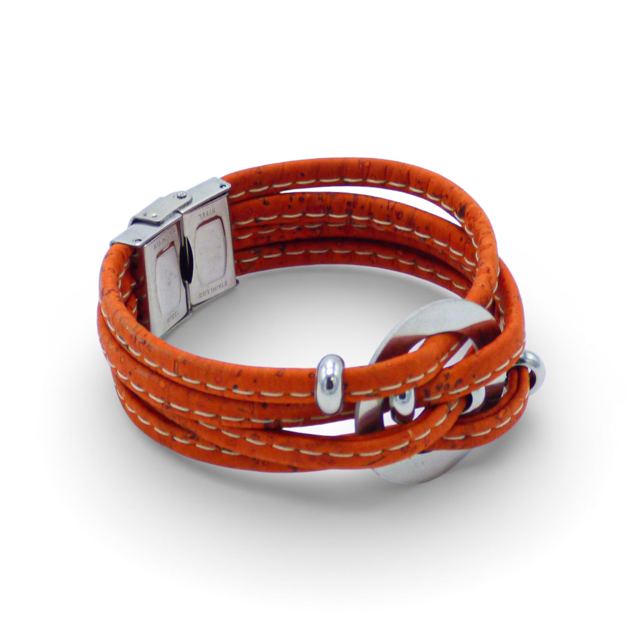 Multi-layered bracelet with central medallion in vibrant cork colors by Cork Colors, featuring a large silver clasp.