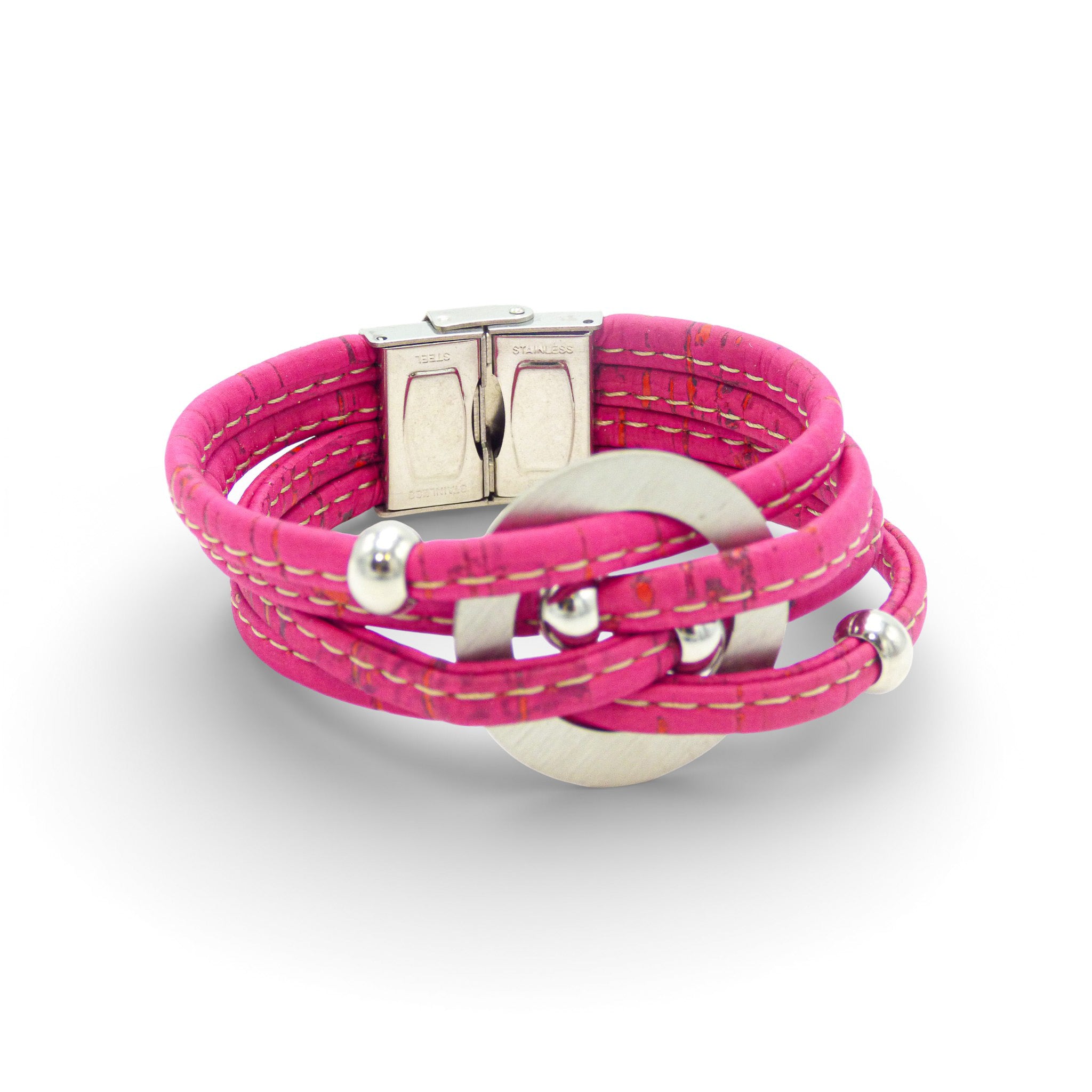 Multi-strand bracelet with central medallion in Cork Colors, featuring a rose-colored design and silver clasp.
