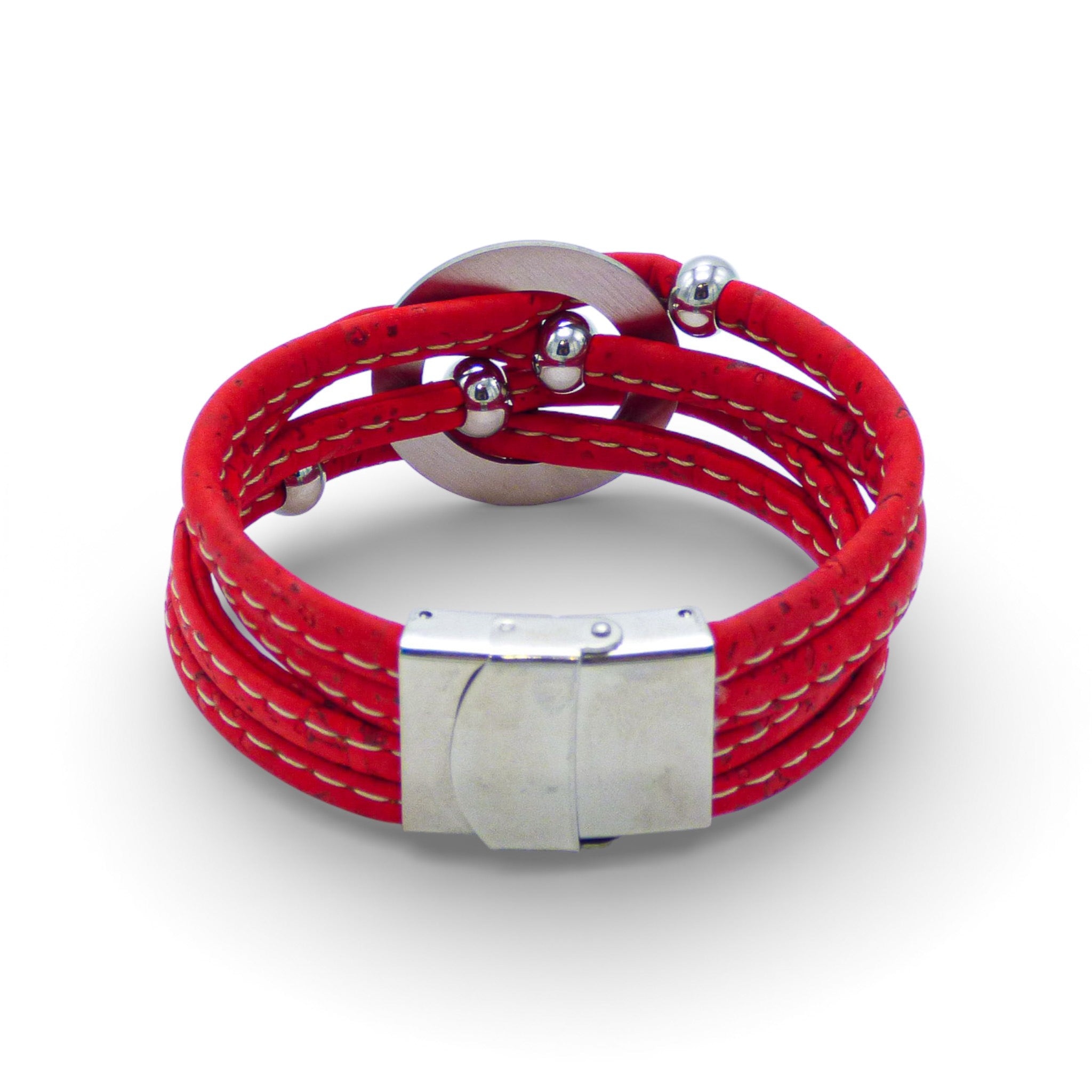 Multi-layered bracelet with central medallion in Cork Colors, featuring a red cork design and silver clasp detail.