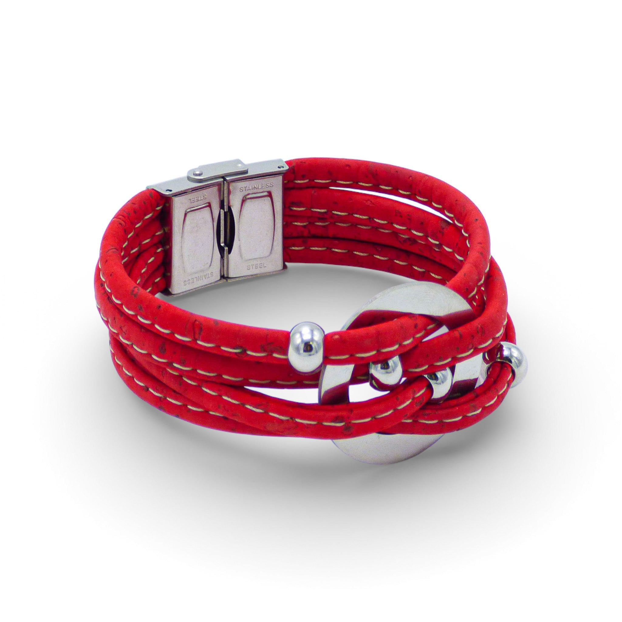 Multi-layered bracelet with central medallion in vibrant Cork Colors, featuring a large red loop and silver clasp.