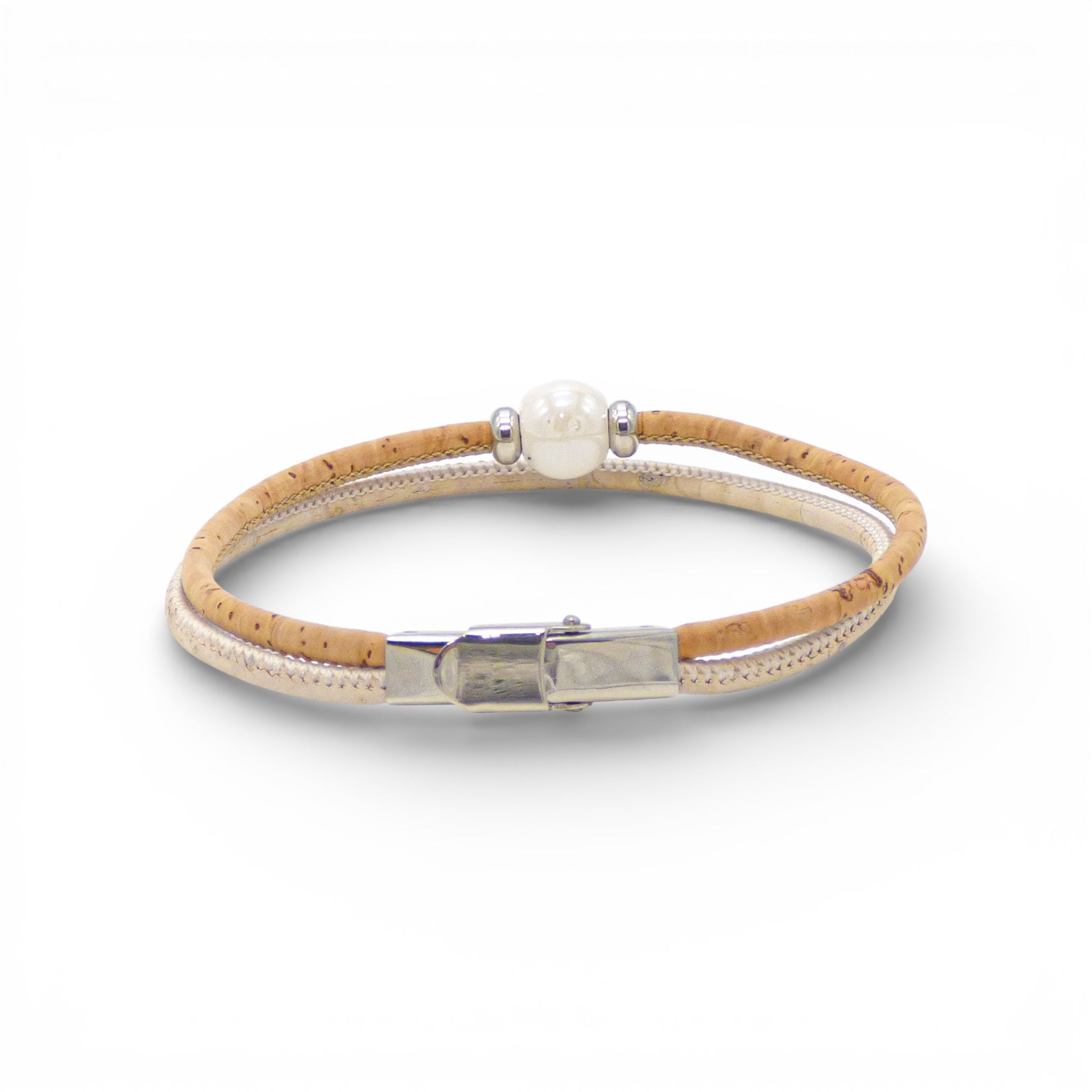Bracelet duo en liège naturel, perle nacrée blanche — Cork Colors, fermoir acier, femme, Portugal