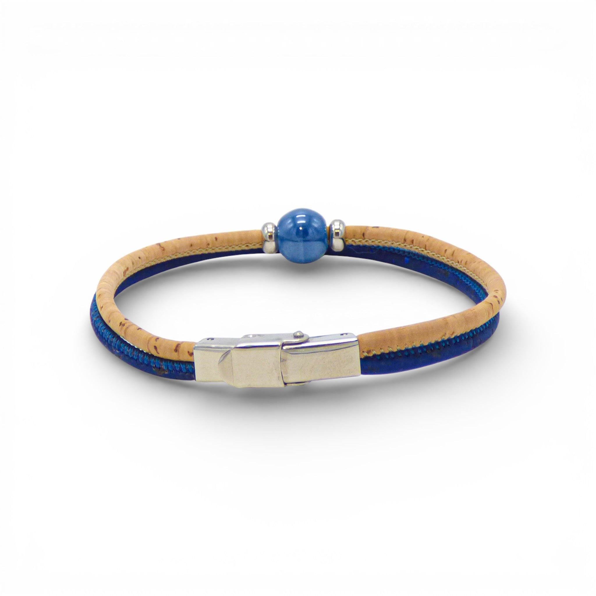 Double pearl bracelet from Cork Colors featuring blue cord and cork design for women.