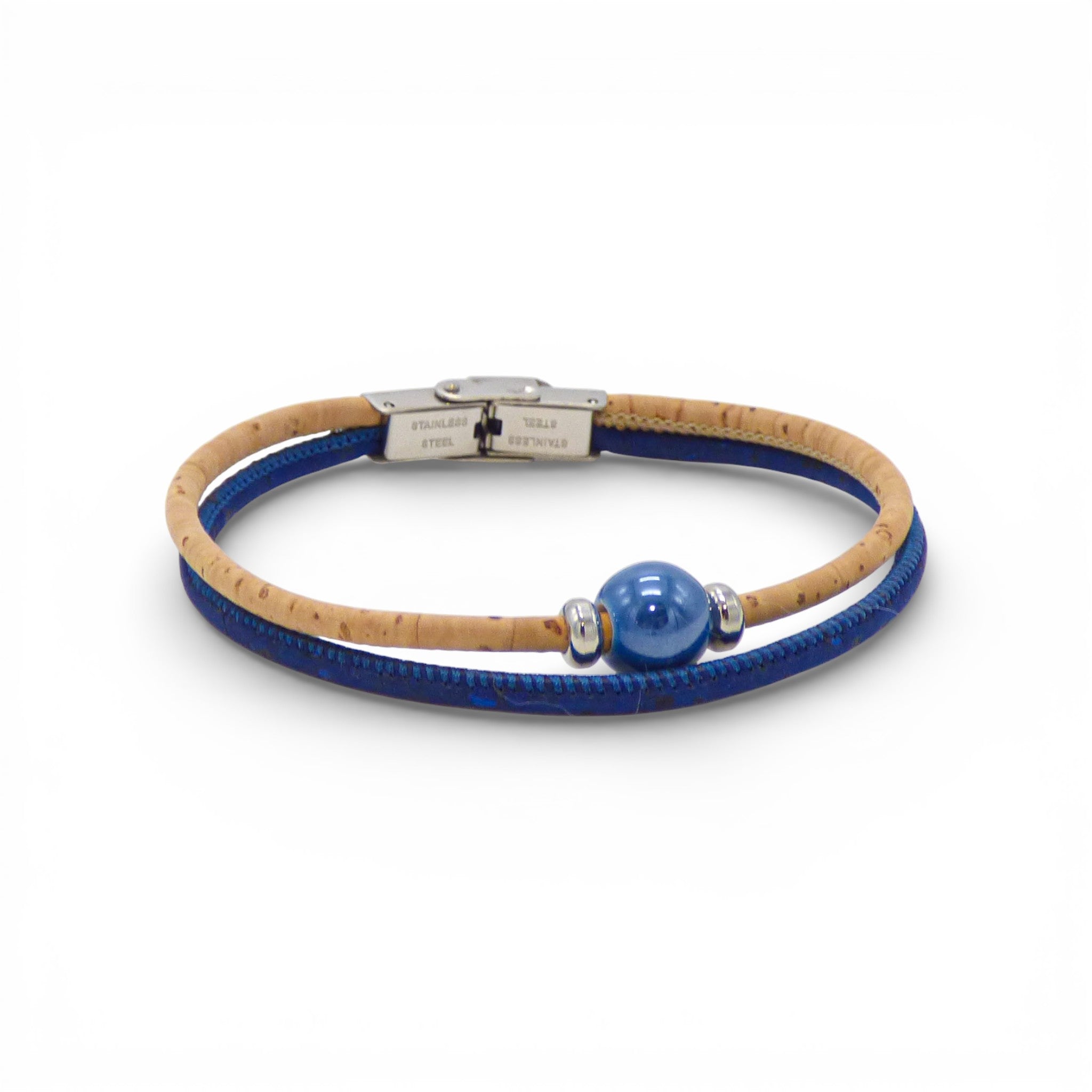 Double pearl bracelet in blue from Cork Colors, featuring a cork design for women.