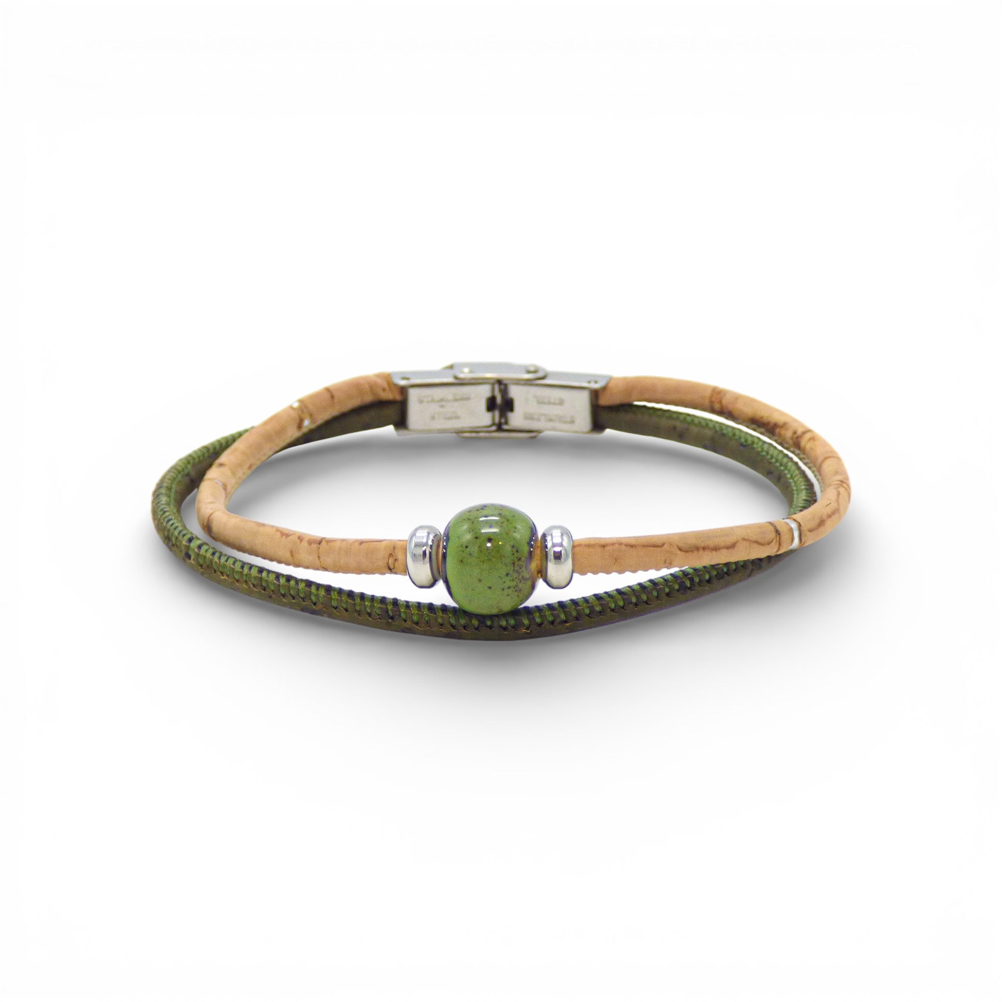 Bracelet double cordon en liège naturel et vert — Cork Colors, perle céramique, fermoir acier, Portugal