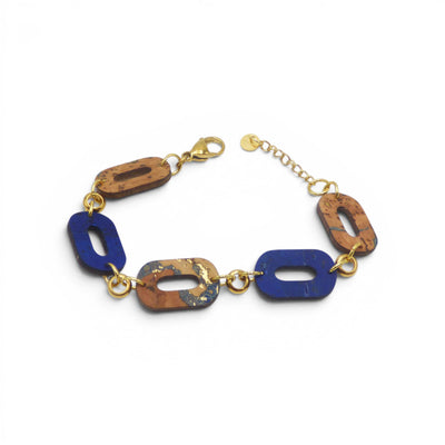 Bracelet 5 magentos liège teint bleu nuit, marron naturel, motif, cadeau femme original