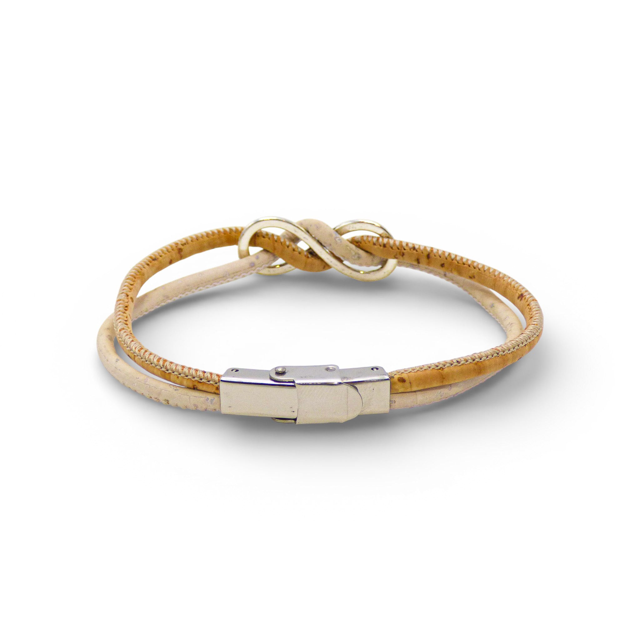 Gros plan sur les cordons de liège naturel et le fermoir acier — bracelet Infinity Cork Colors, Portugal