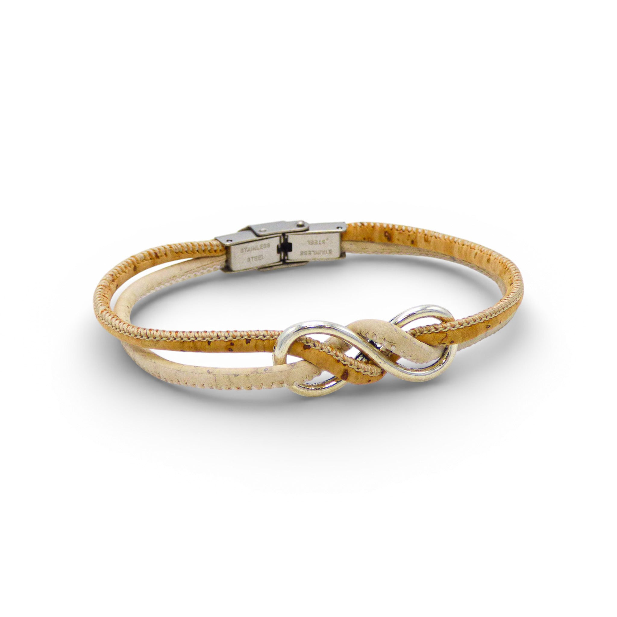 White infinity bracelet with silver clasp from Cork Colors, showcasing a unique cork design and elegant style.