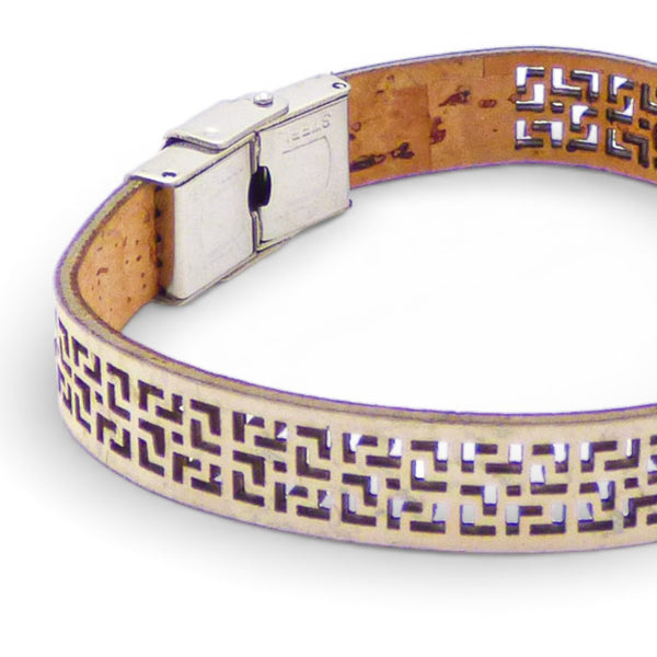 White geometric cork bracelet with Greek pattern and stainless steel clasp by Cork Colors for women.