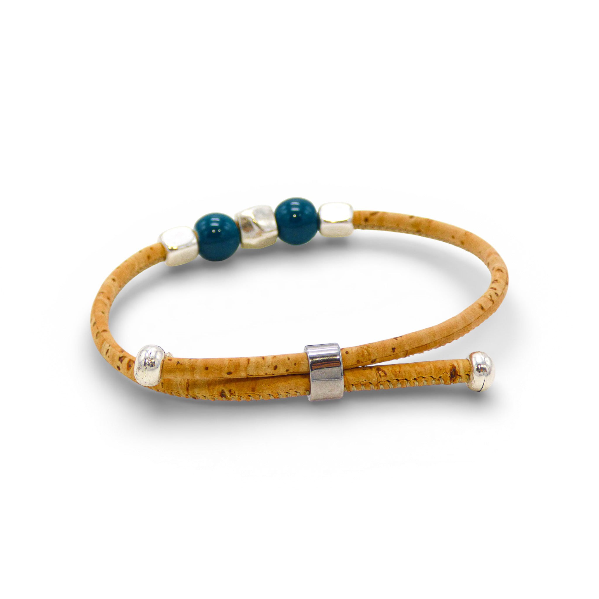 Bracelet jonc fin en liège ouvert, perles bleues — Cork Colors, métal blanchi, Portugal
