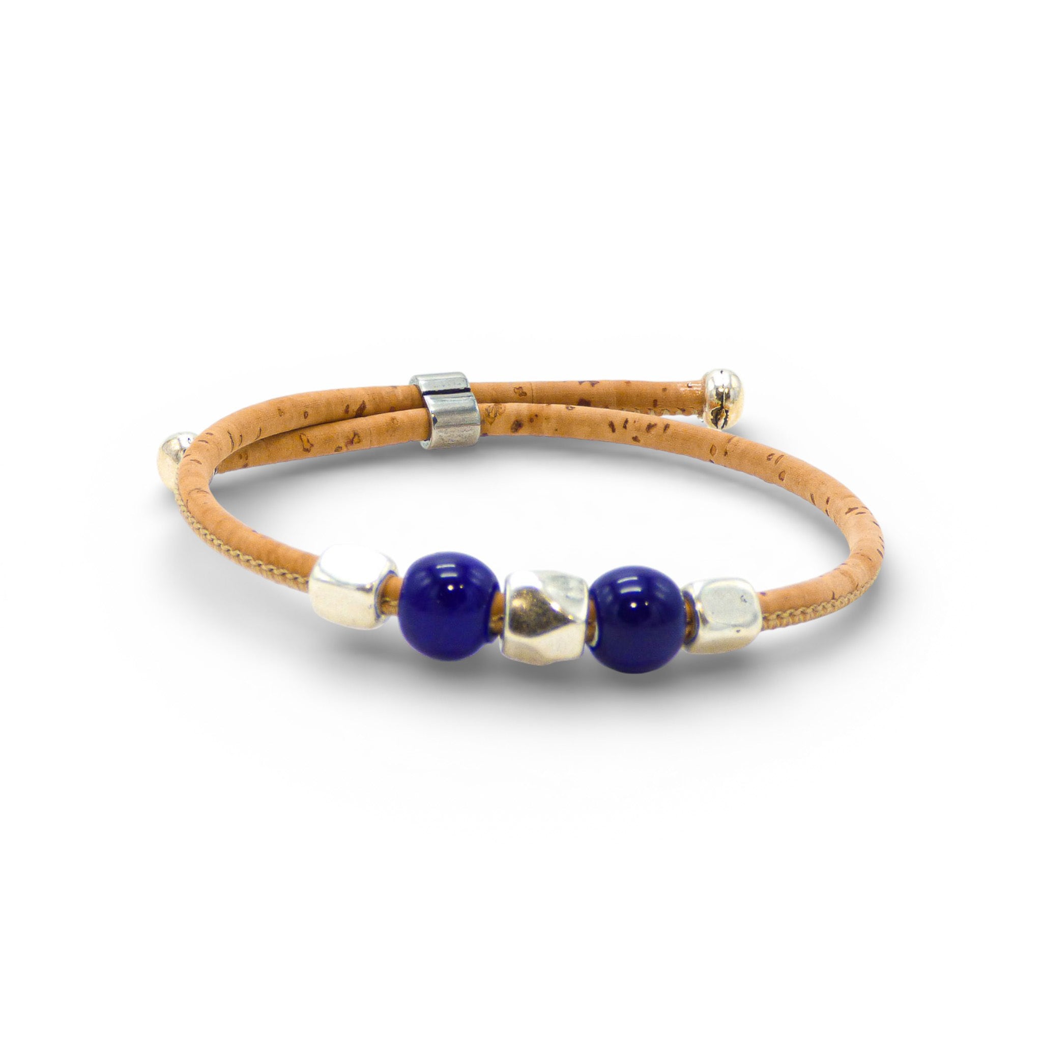 Bracelet jonc en liège perles céramique bleu cobalt — Cork Colors, métal blanchi, Portugal