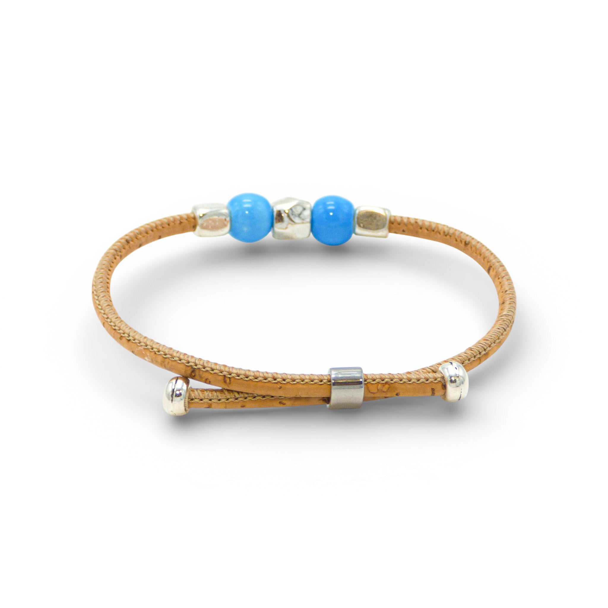 Bracelet jonc en liège perles céramique bleu ciel — Cork Colors, métal blanchi, Portugal
