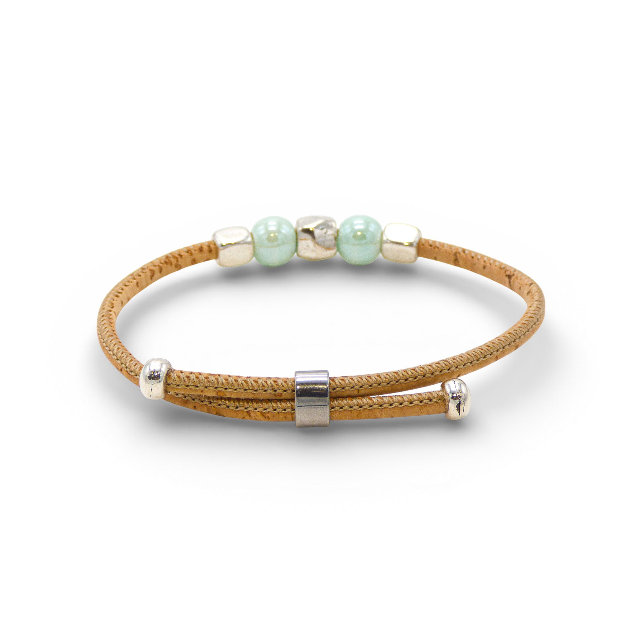 Cyan pearl bracelet by Cork Colors, featuring a delicate design and silver clasp, perfect for stylish accessorizing.