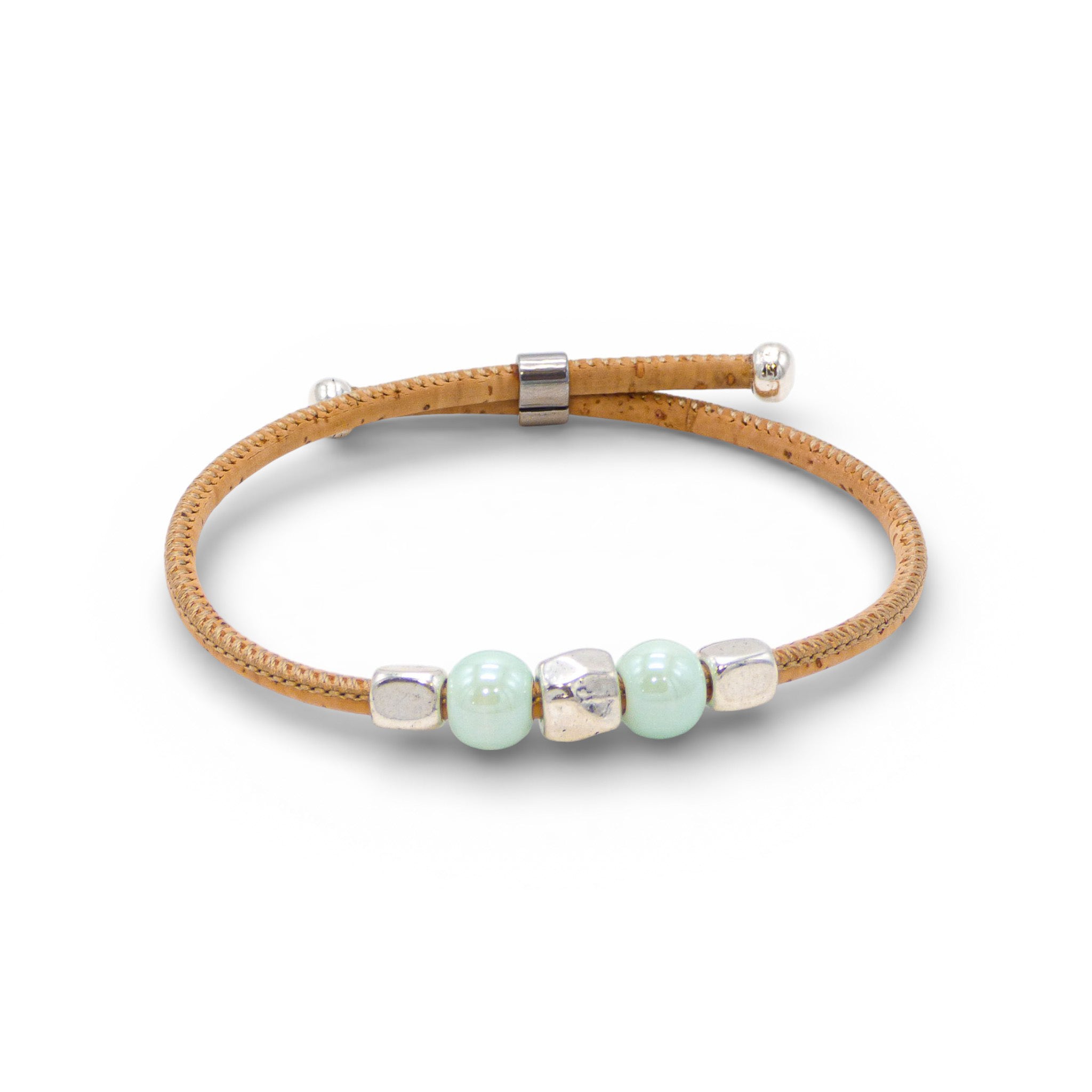 Bracelet jonc en liège perles céramique vert menthe — Cork Colors, métal blanchi, Portugal