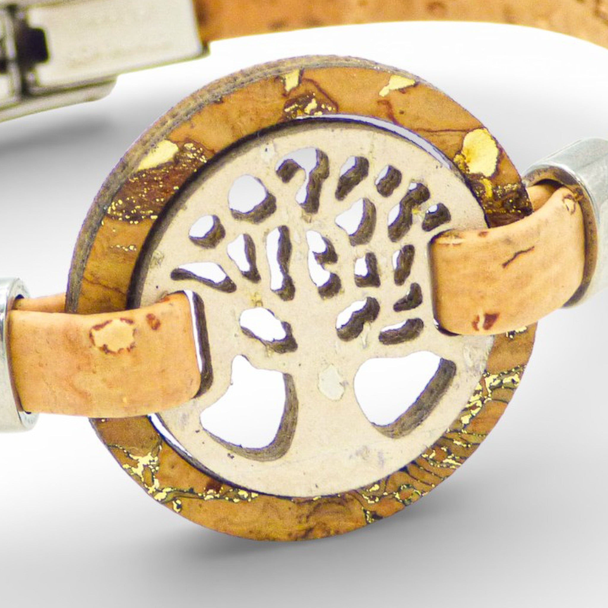 Cork Colors women's bracelet featuring a golden Tree of Life medallion on a white cork band with silver clasp.
