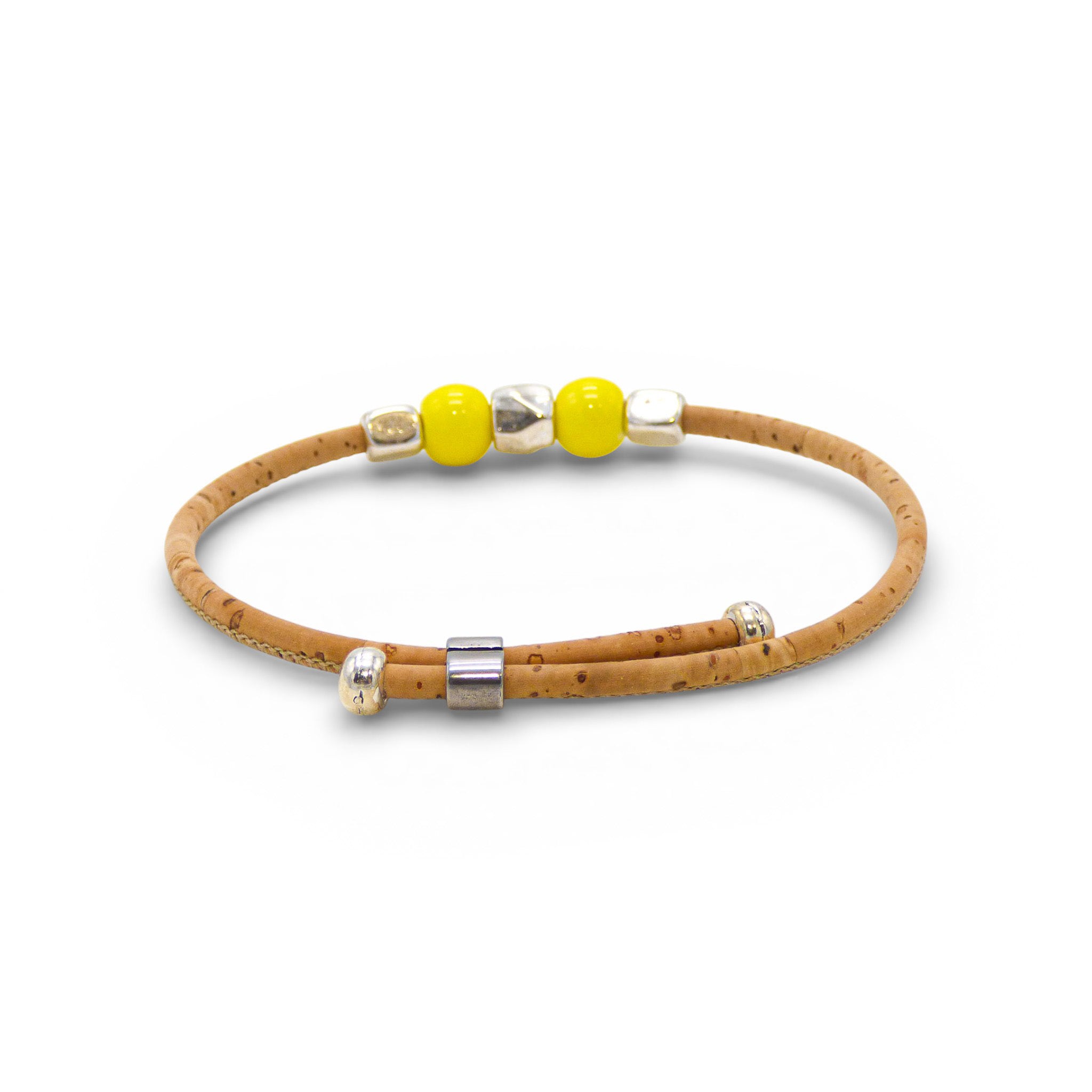 Delicate Cork Colors bracelet with pearl accents and silver clasp, featuring a thin design in a vibrant yellow hue.