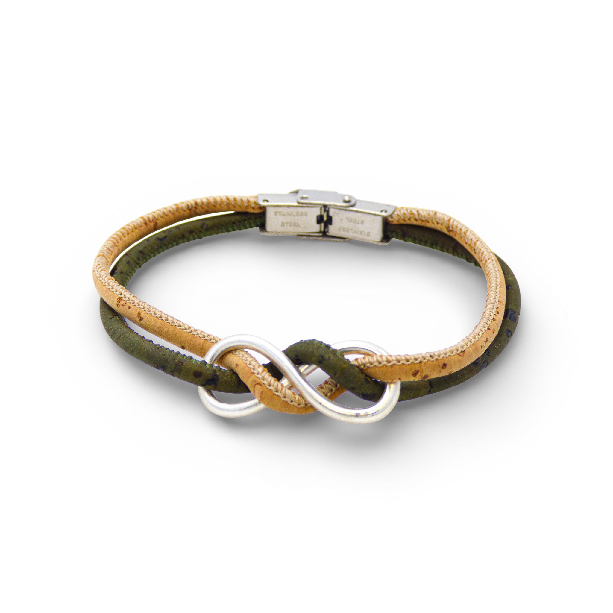 Bracelet Infinity en liège naturel et kaki — Cork Colors, nœud infini argent, Portugal