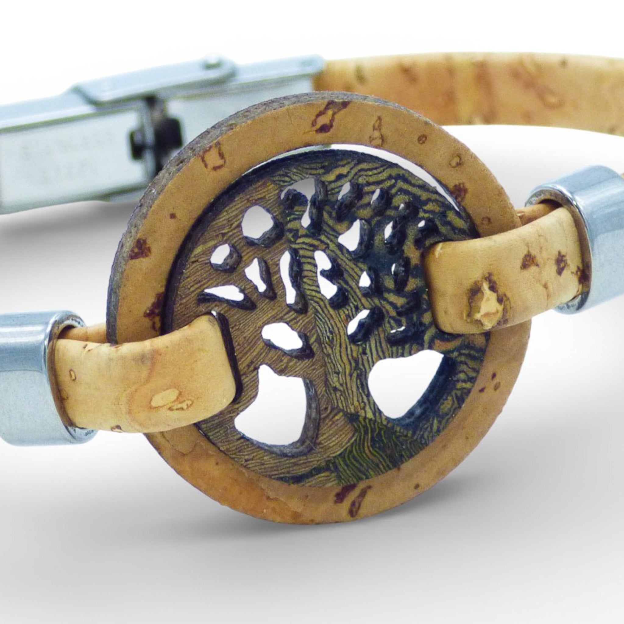 Cork Colors women's bracelet featuring a tree of life medallion on a blue marbled cork design.