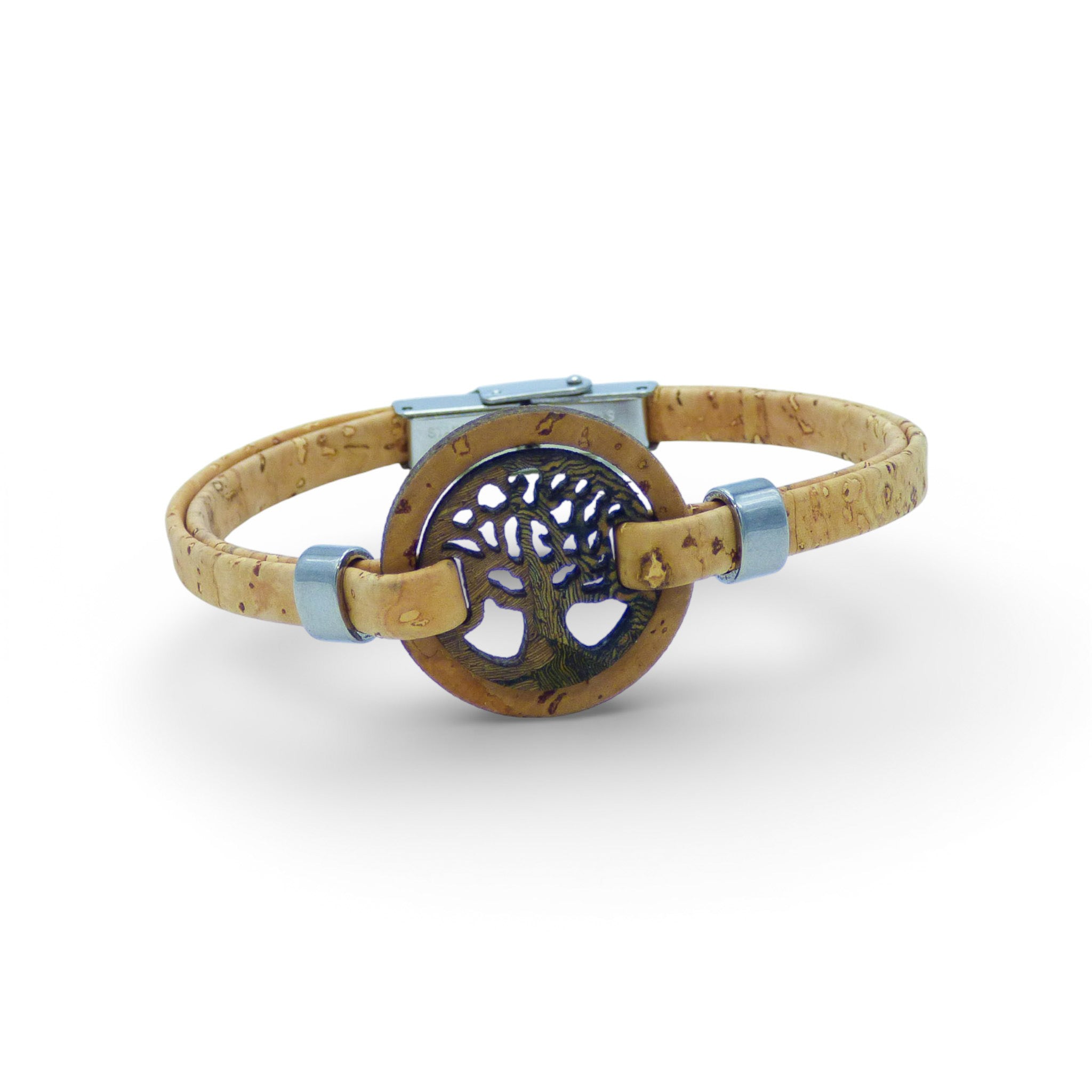 Blue cork bracelet with Tree of Life medallion, showcasing a stylish design by Cork Colors for women.