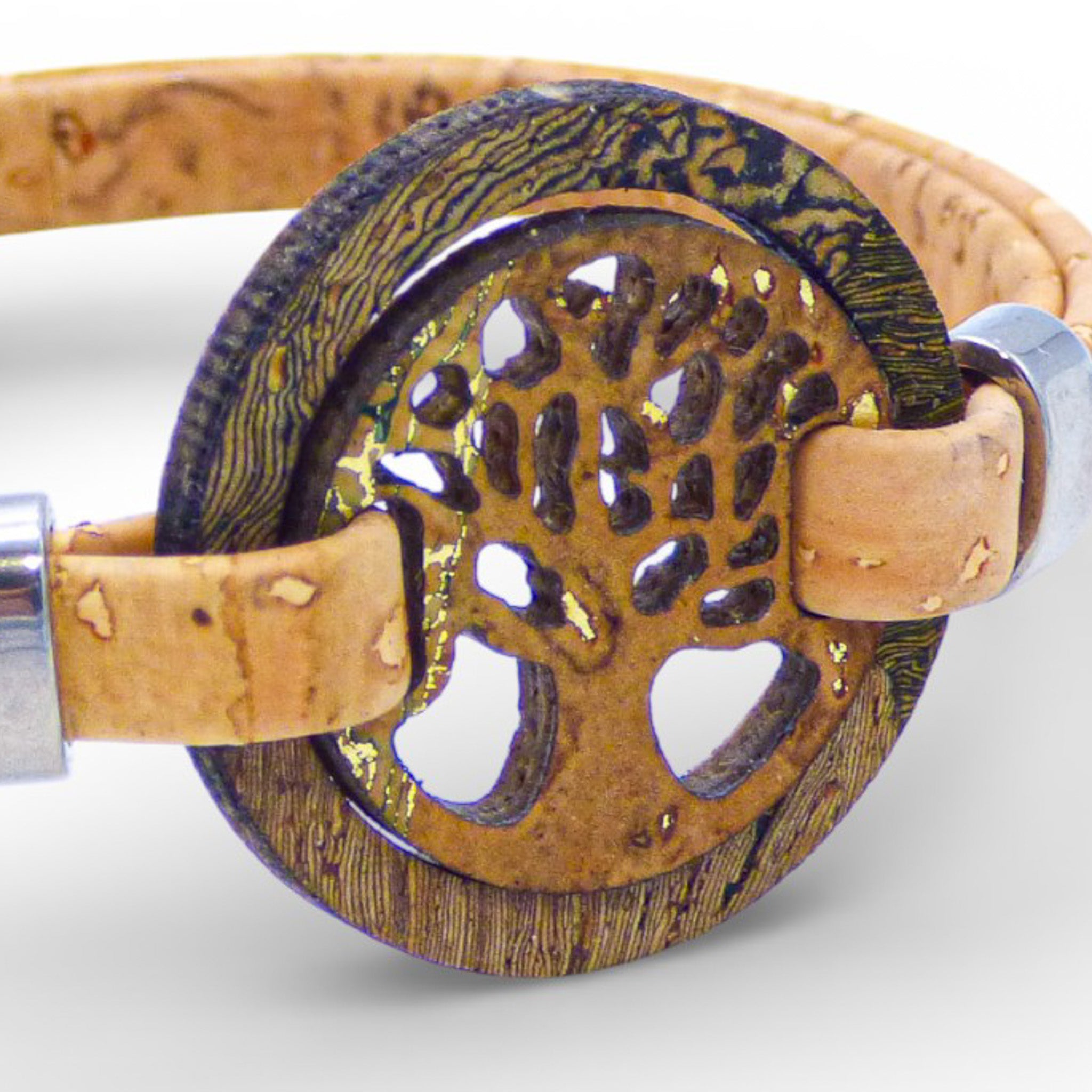 Cork Colors women's bracelet featuring a Tree of Life medallion on a blue and gold marble design.