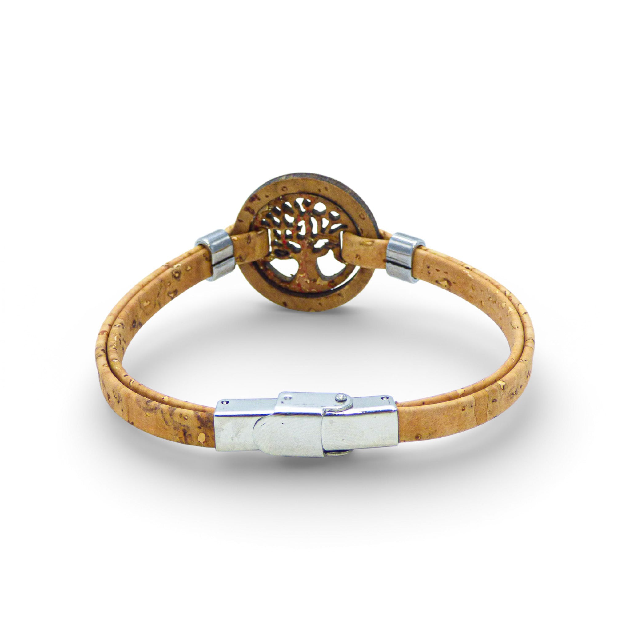 Cork Colors women's bracelet featuring a Tree of Life medallion on a pink and blue marbled cork design.