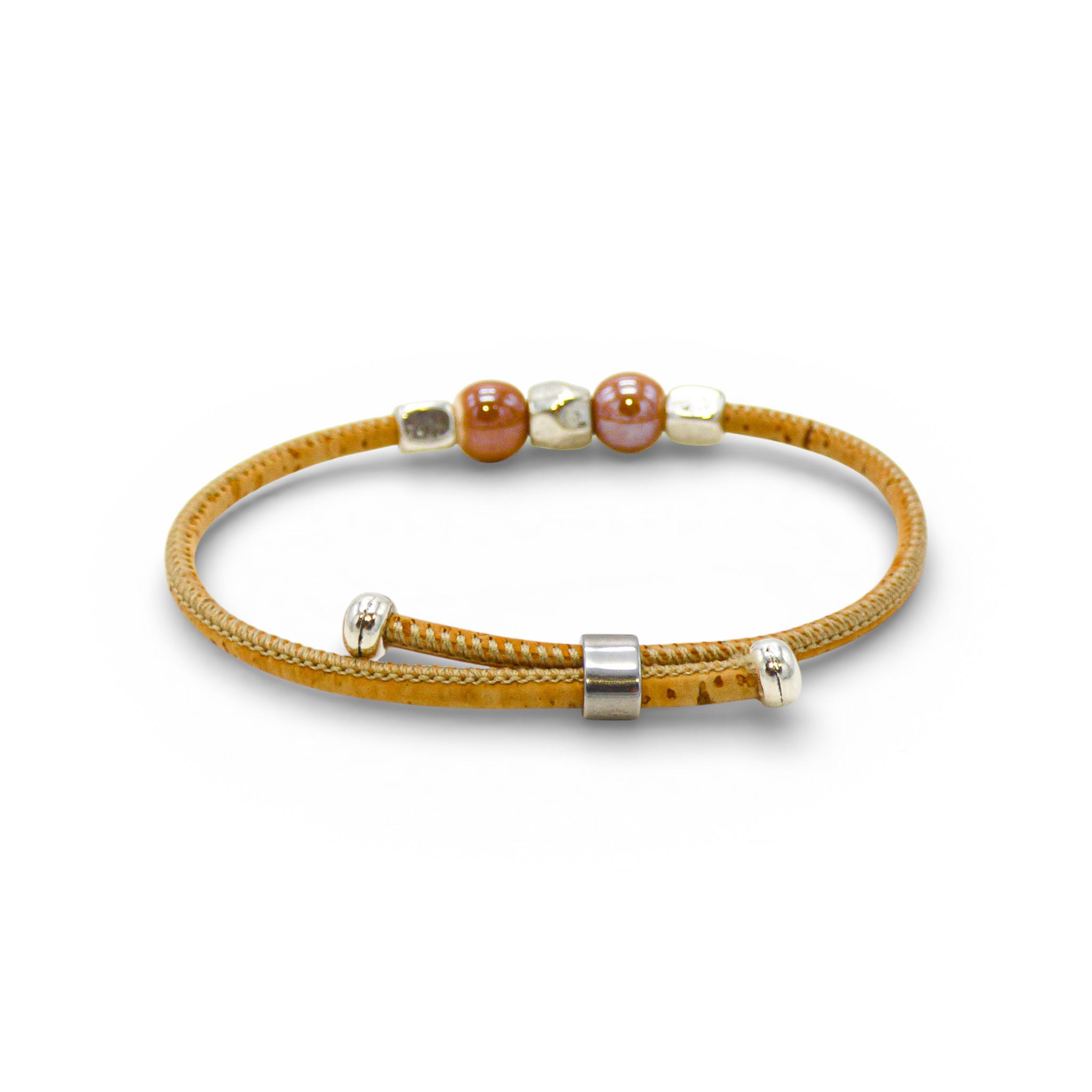 Bracelet jonc fin en liège naturel, perles caramel — Cork Colors, perles métal blanchi, Portugal