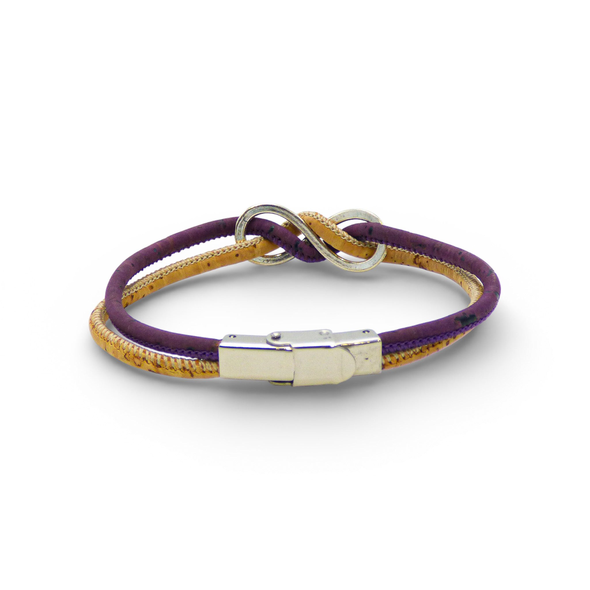 Mauve infinity bracelet from Cork Colors, featuring a silver clasp and made with eco-friendly cork material.