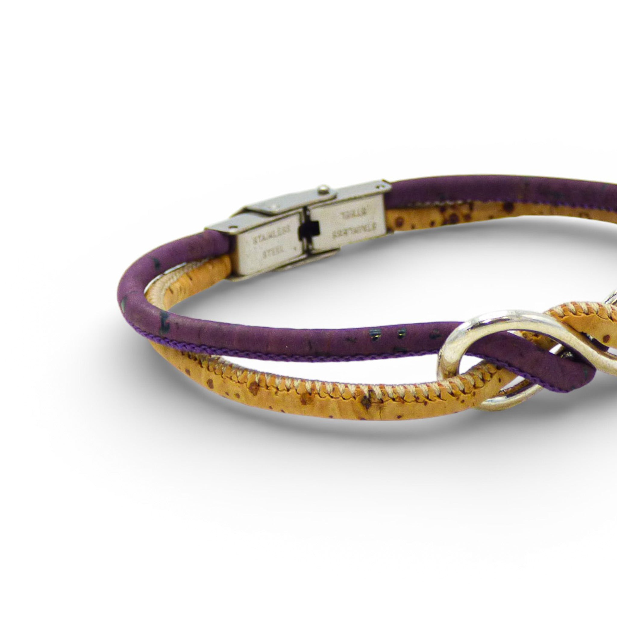 Mauve infinity bracelet by Cork Colors featuring a silver clasp and eco-friendly cork material.