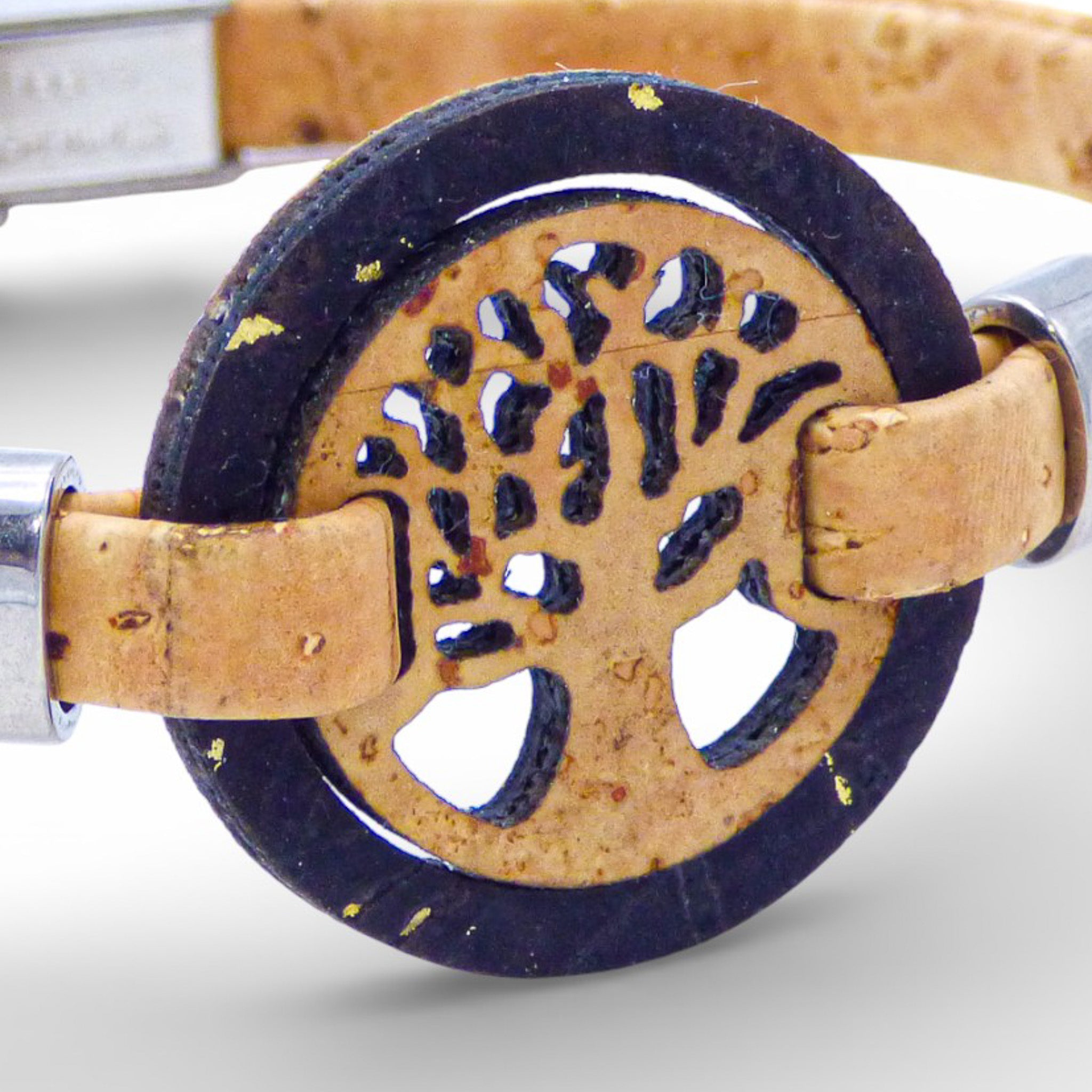 Black and gold Tree of Life medallion bracelet made from cork by Cork Colors, showcasing a natural and elegant design.
