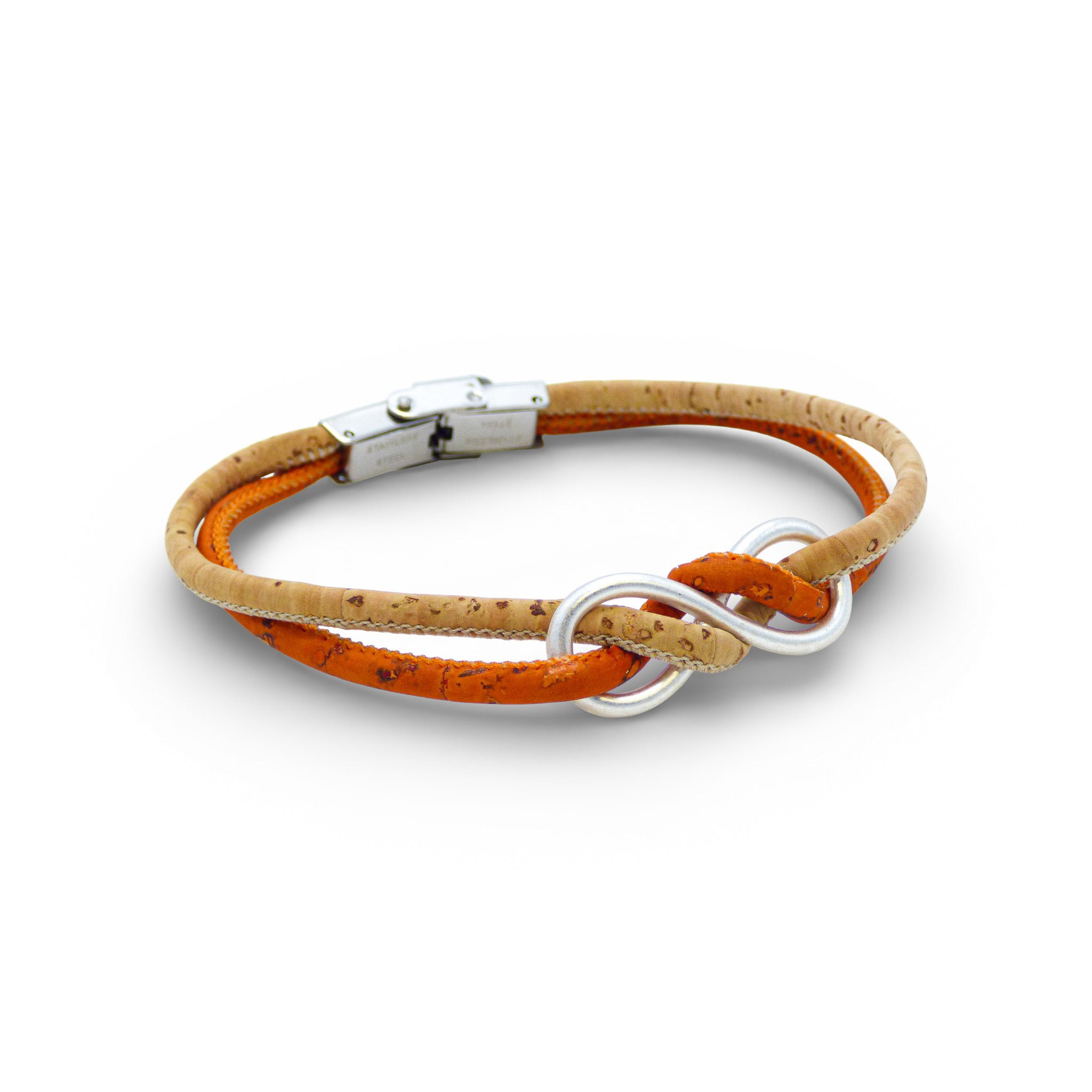 Orange infinity bracelet from Cork Colors featuring a silver clasp and a stylish cork design.