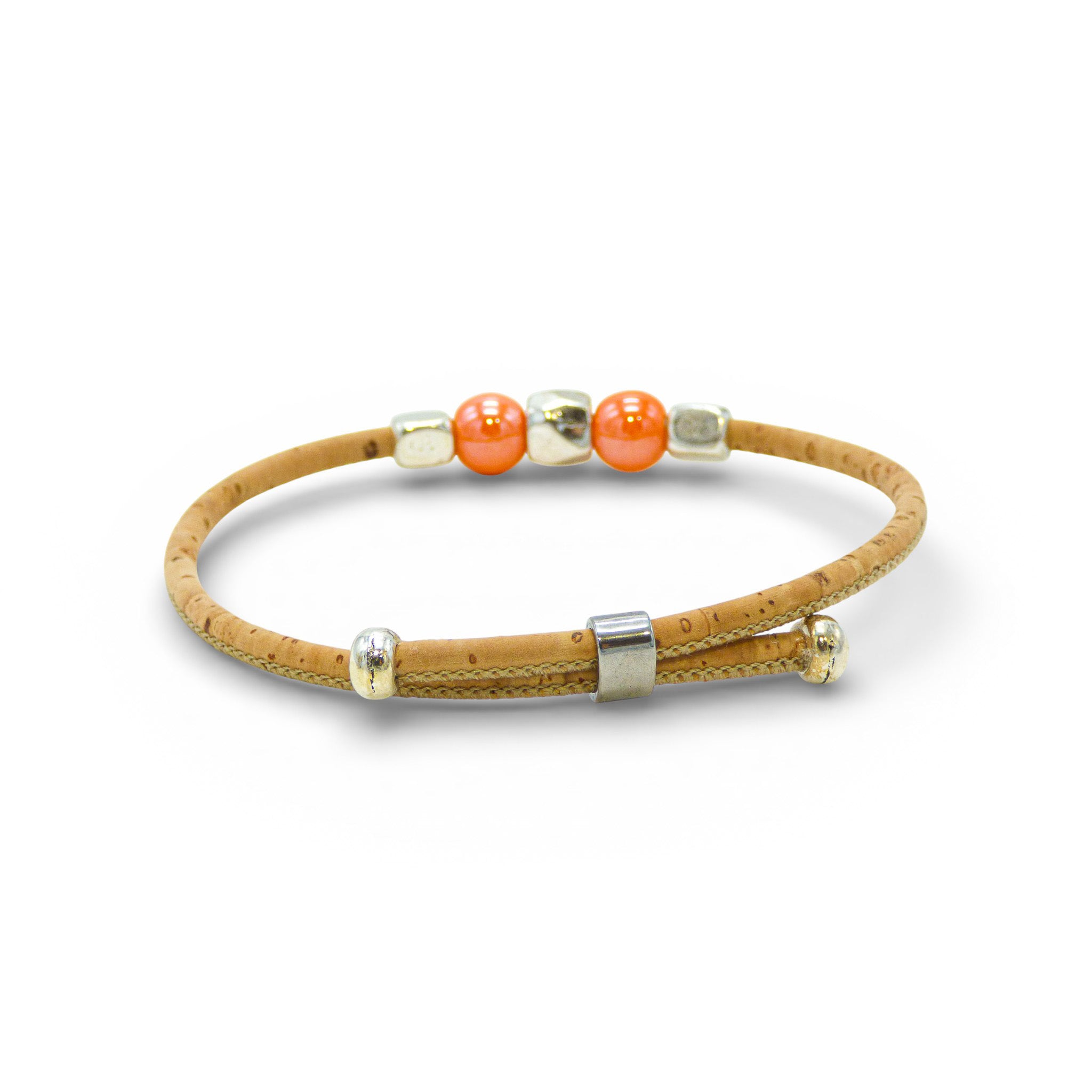 Bracelet jonc en liège naturel, perles orange — Cork Colors, perles métal blanchi, Portugal