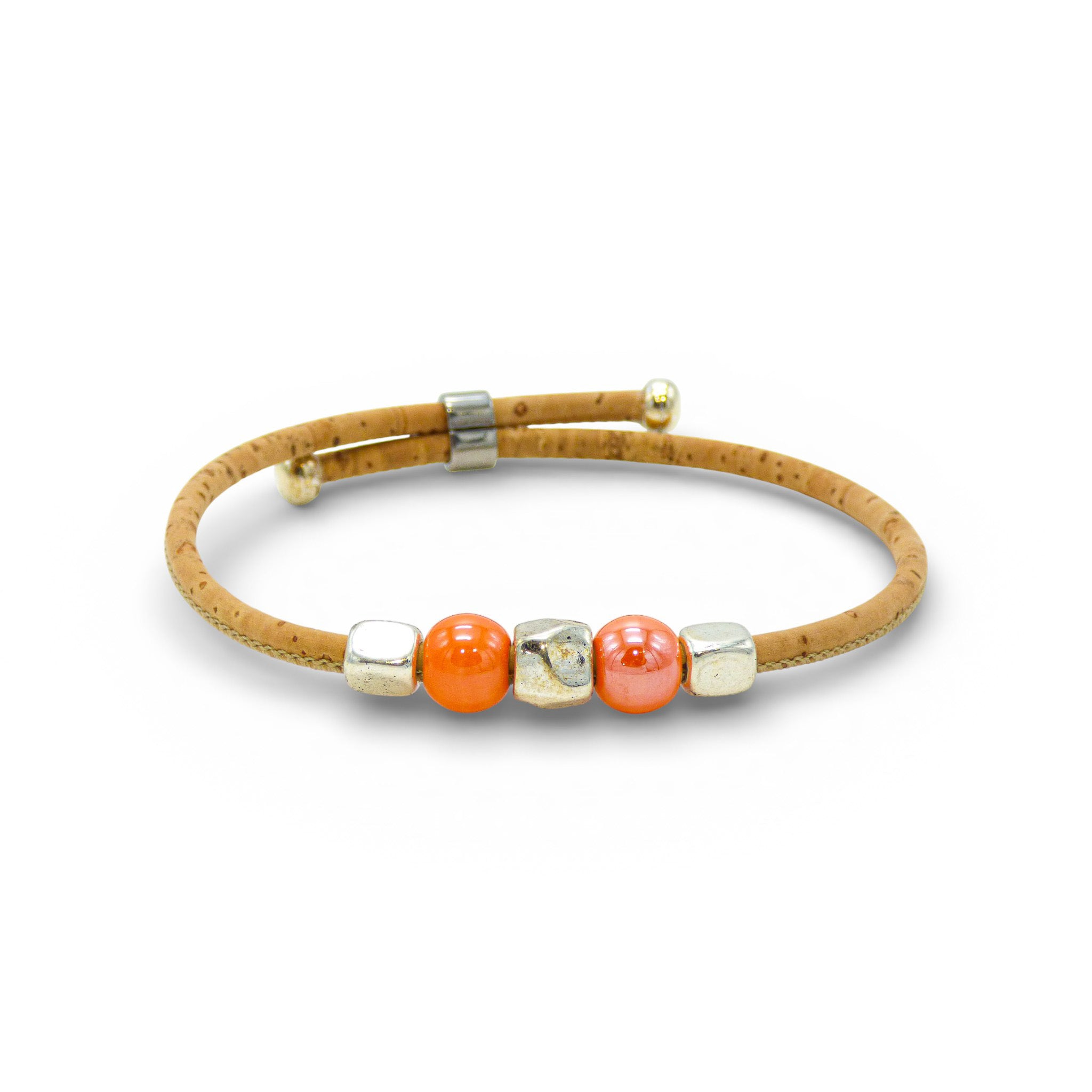 Bracelet jonc en liège naturel, perles orange — Cork Colors, perles métal blanchi, Portugal