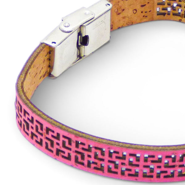 Geometric cork bracelet for women in pink with Greek motif and steel clasp from Cork Colors.