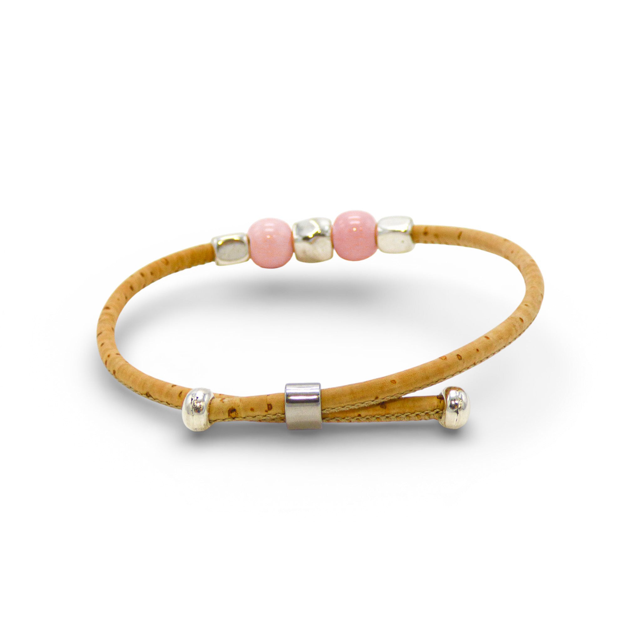Bracelet jonc en liège naturel, perles rose — Cork Colors, perles métal blanchi, Portugal