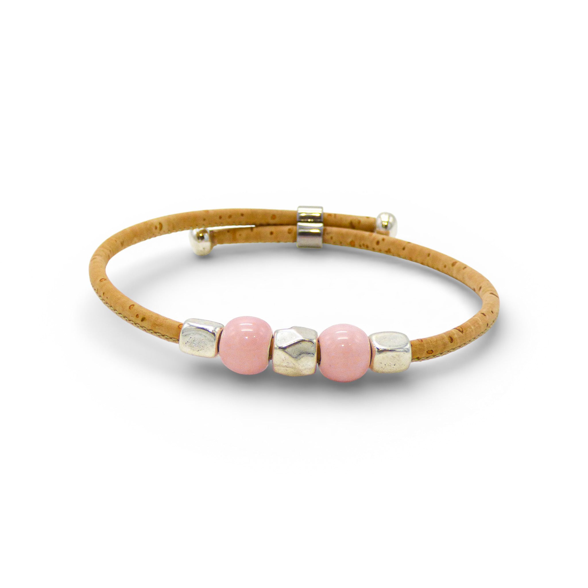 Bracelet jonc en liège naturel, perles rose — Cork Colors, perles métal blanchi, Portugal