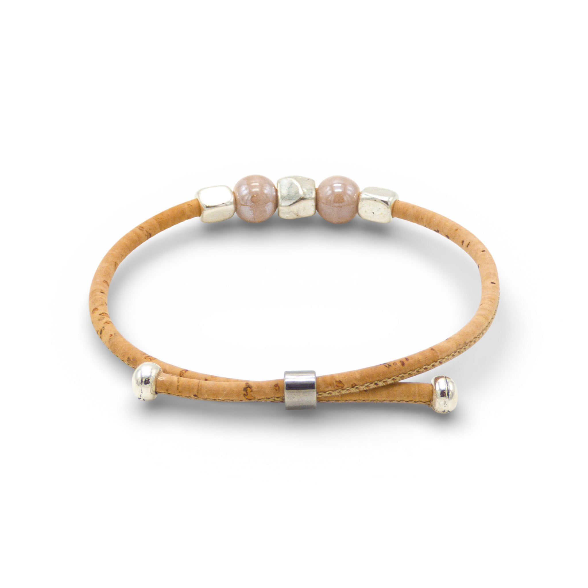 Bracelet jonc en liège naturel, perles mauve — Cork Colors, perles métal blanchi, Portugal