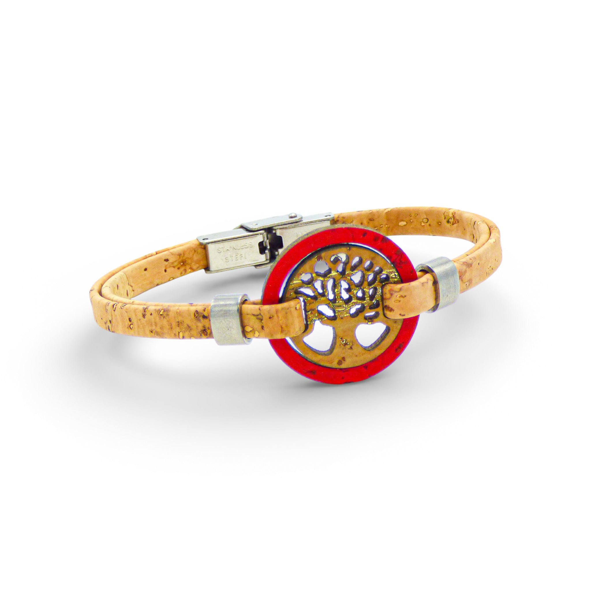 Red and gold Tree of Life medallion bracelet made from cork by Cork Colors for women.