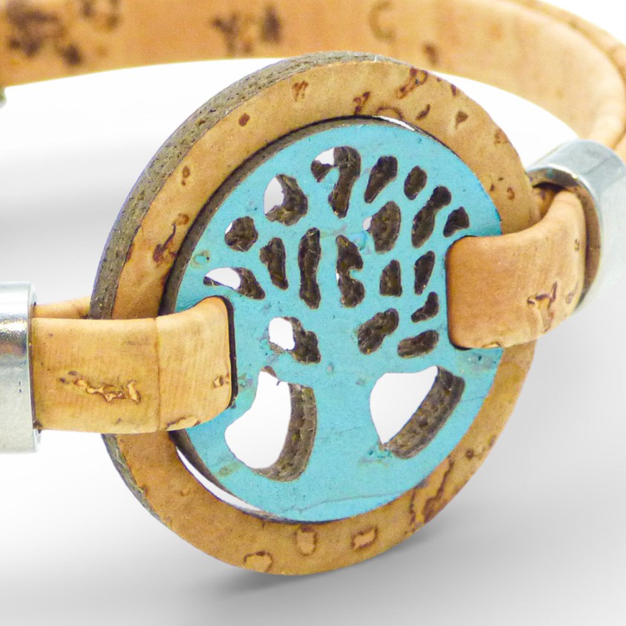Turquoise Tree of Life medallion bracelet for women by Cork Colors, featuring a cork design and silver clasp.