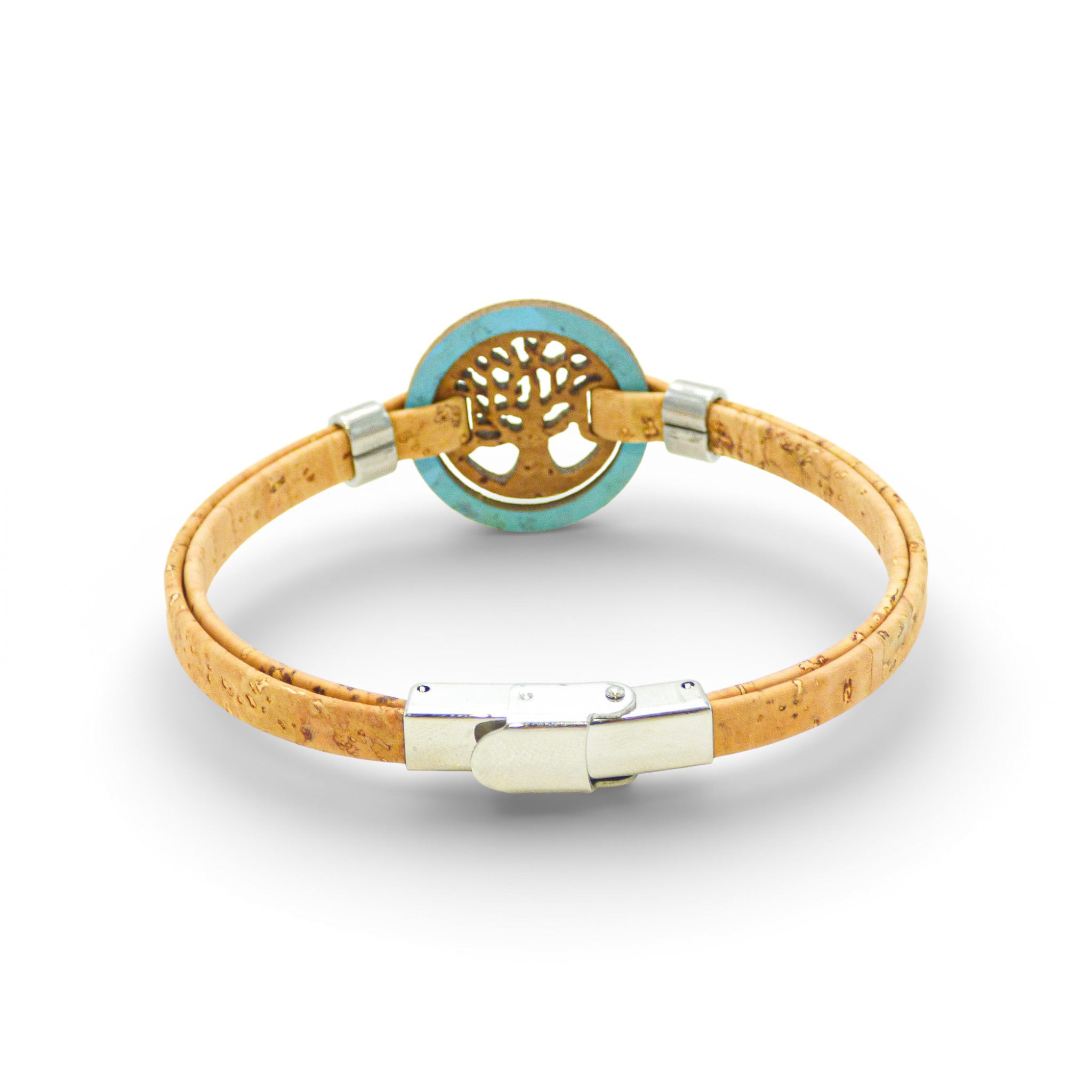 Turquoise cork bracelet featuring a tree of life medallion by Cork Colors for women.