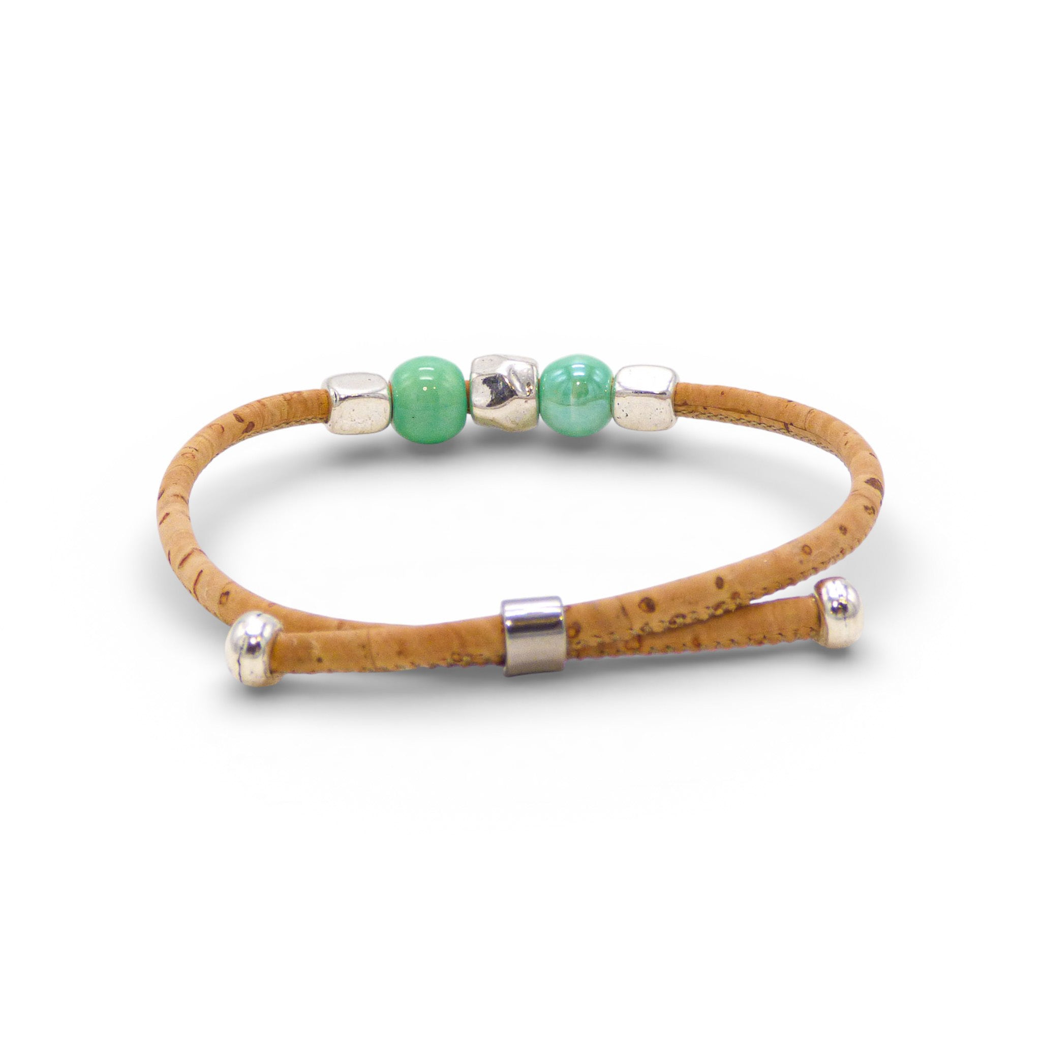 Bracelet jonc fin en liège naturel, perles vertes — Cork Colors, métal blanchi, Portugal