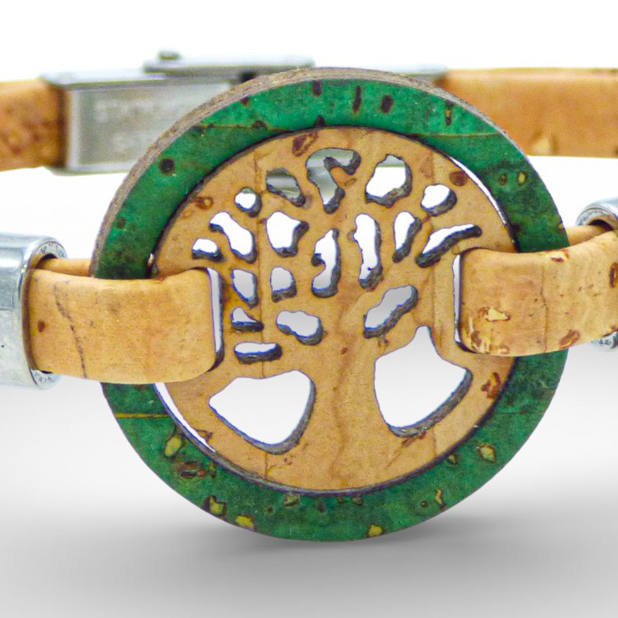 Green natural cork women's bracelet featuring a Tree of Life medallion by Cork Colors.