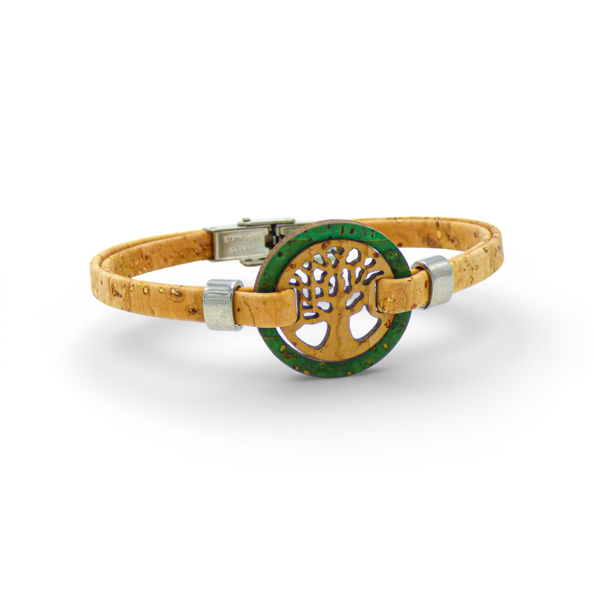 Green natural cork bracelet featuring a Tree of Life medallion by Cork Colors for women.