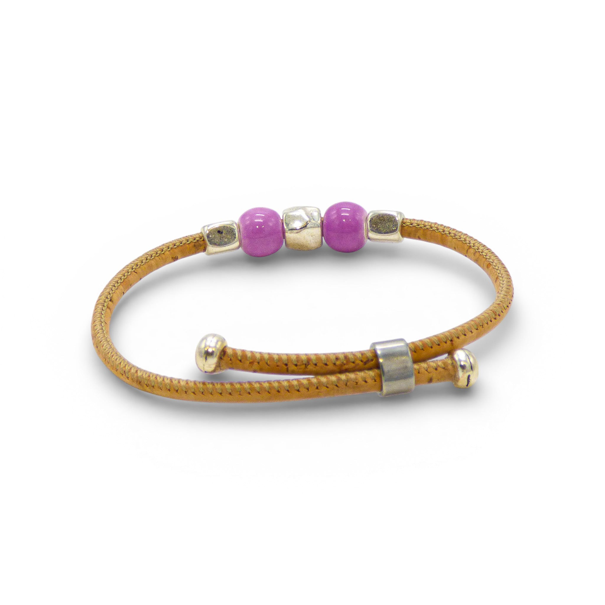 Bracelet jonc fin en liège naturel, perles violettes — Cork Colors, métal blanchi, Portugal