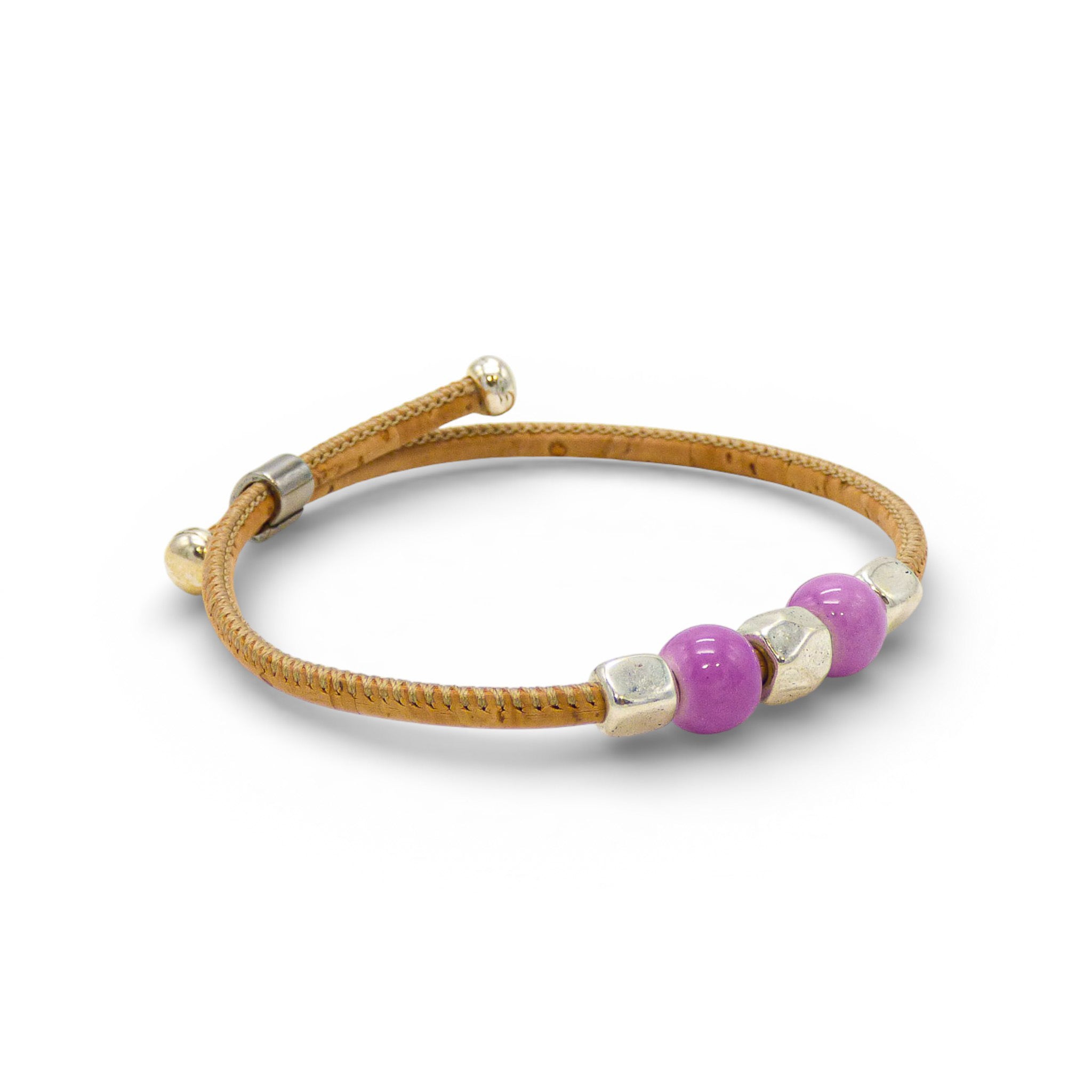 Bracelet jonc fin en liège naturel, perles violettes — Cork Colors, métal blanchi, Portugal