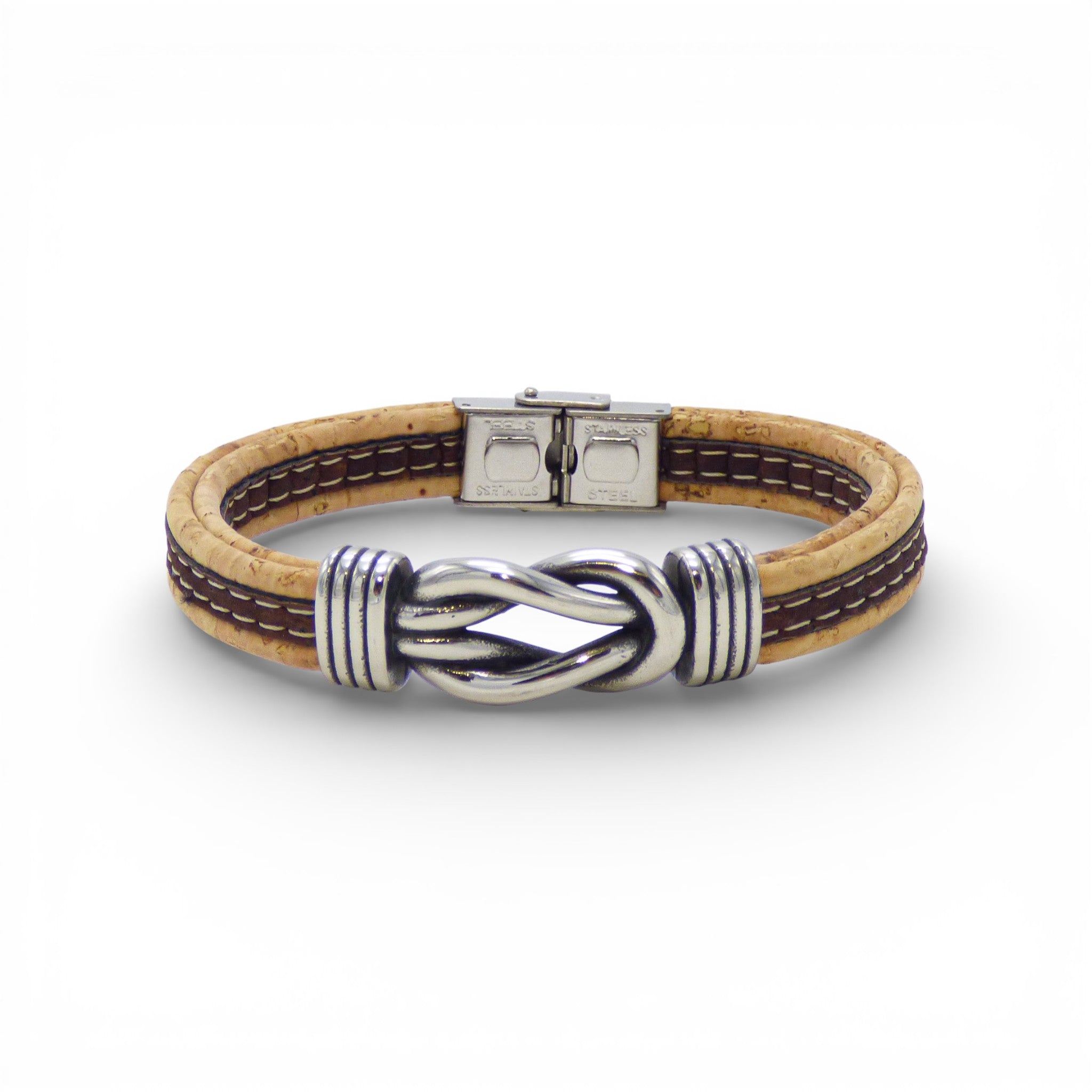 Bicolor stainless steel knot bracelet for men by Cork Colors, featuring natural brown cork detail.