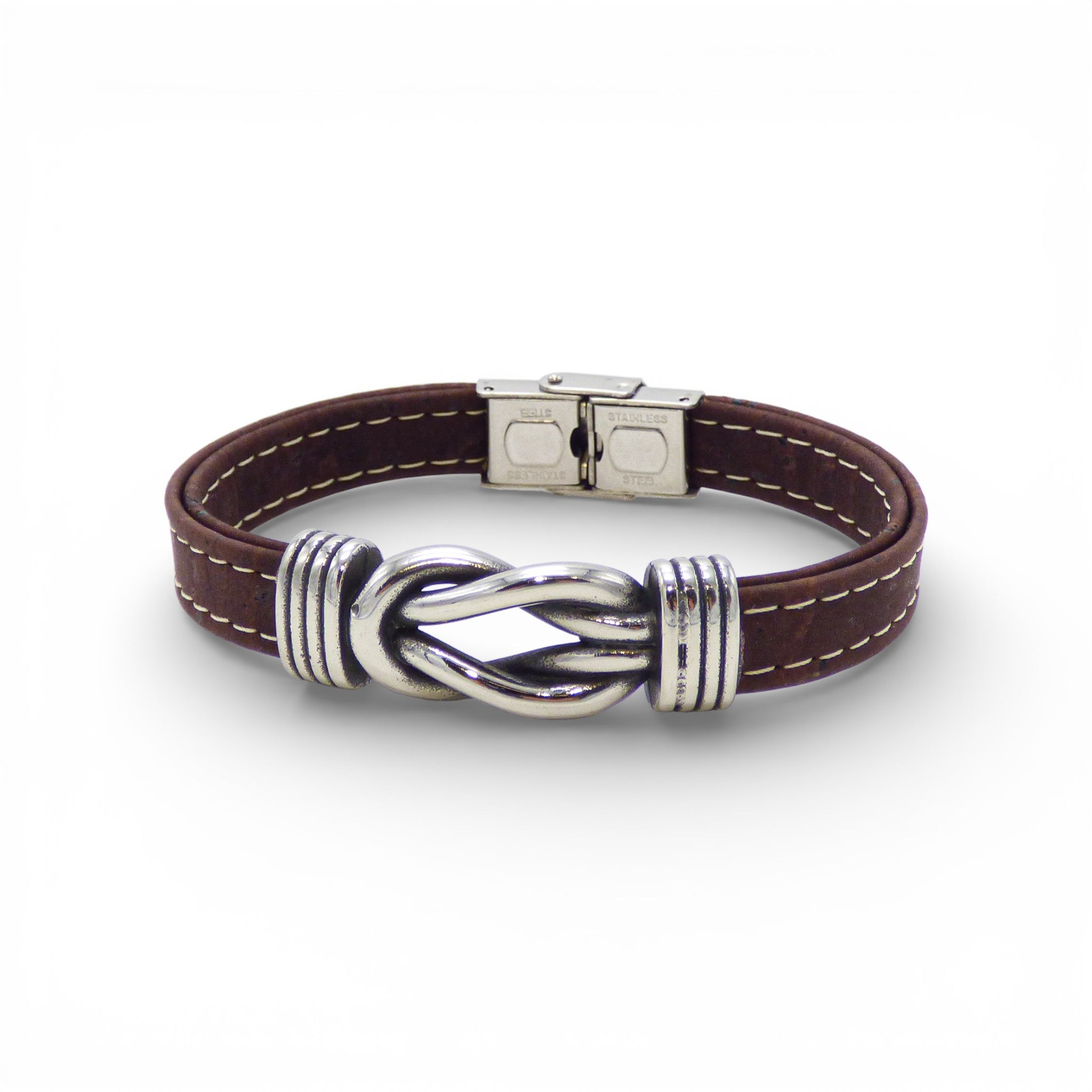 Men's steel knot bracelet in dark brown cork by Cork Colors, showcasing a stylish marine design.