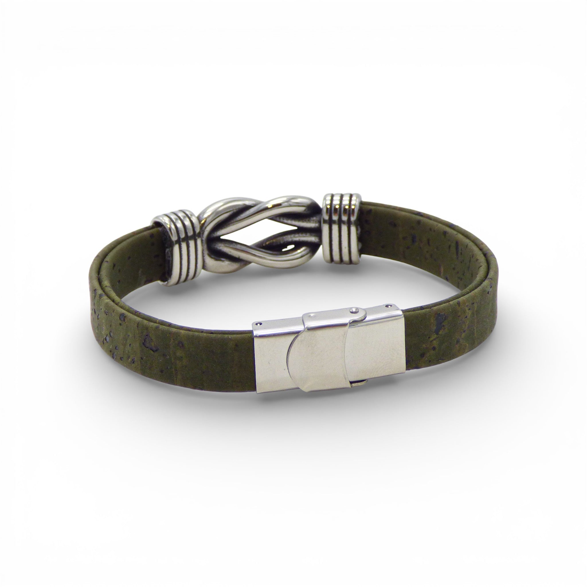Men's steel knot bracelet from Cork Colors in green khaki, showcasing a stylish cork design and durable stainless steel detail.