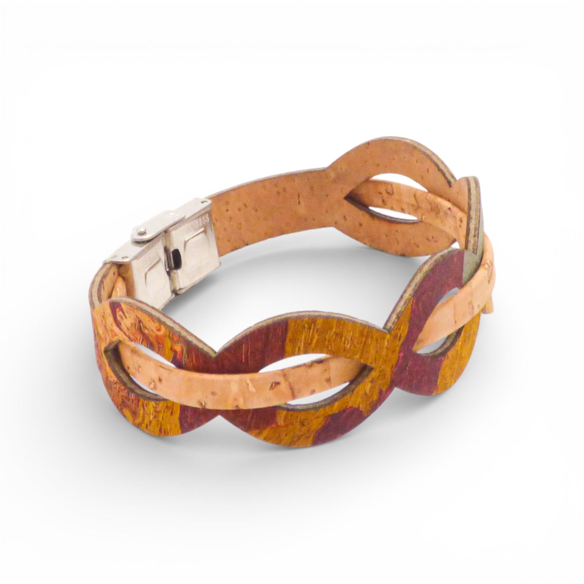 Bracelet entrelacé en liège bordeaux et orange — Cork Colors, fermoir métal blanchi, Portugal