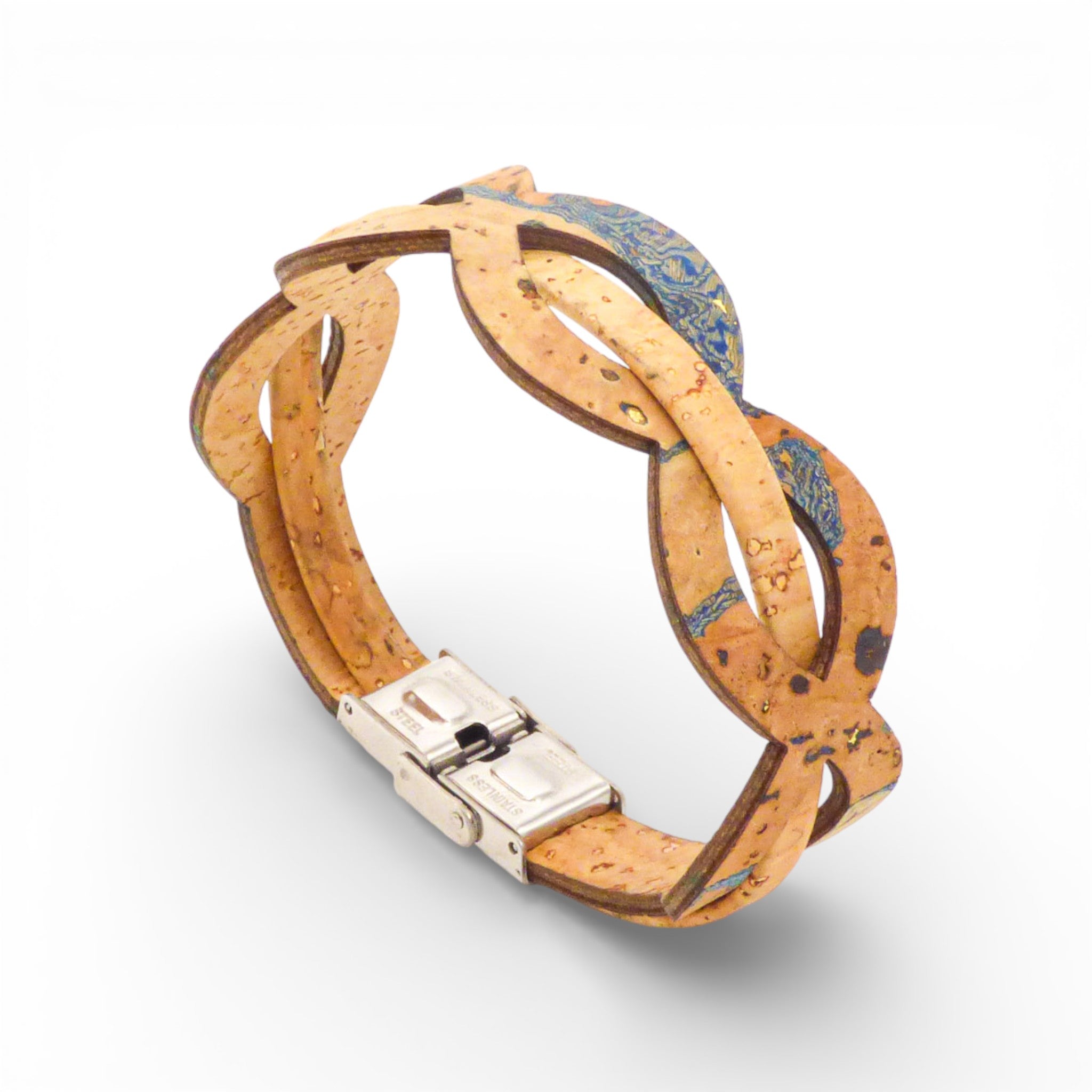 Bracelet entrelacé en liège naturel à reflets bleus — Cork Colors, fermoir métal blanchi, Portugal