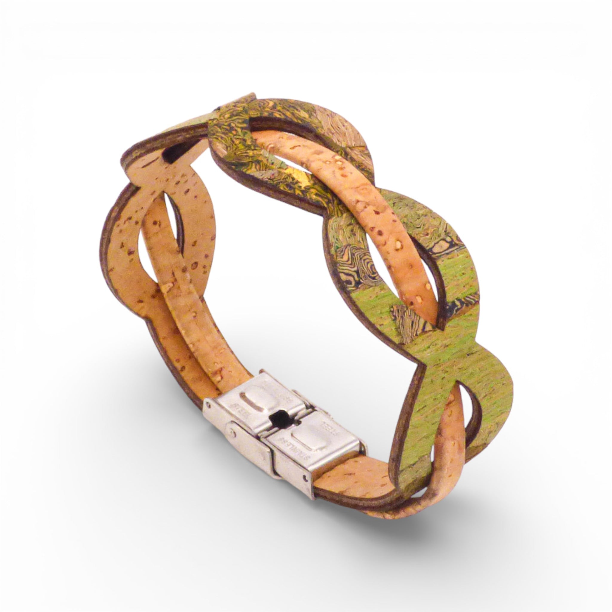 Bracelet tressé plat en liège naturel et vert olive — Cork Colors, fermoir métal blanchi, Portugal
