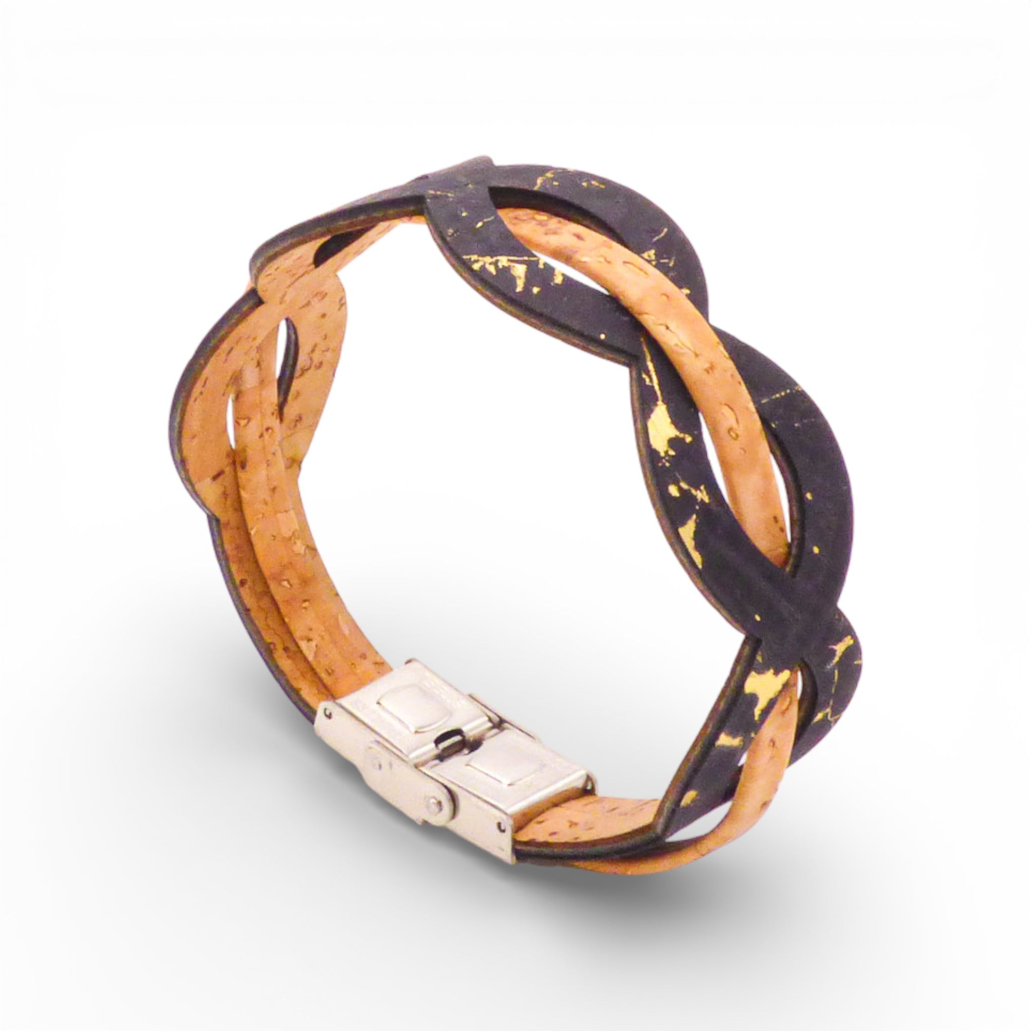 Bracelet entrelacé bicolore en liège aubergine moucheté d'or et naturel — Cork Colors, Portugal